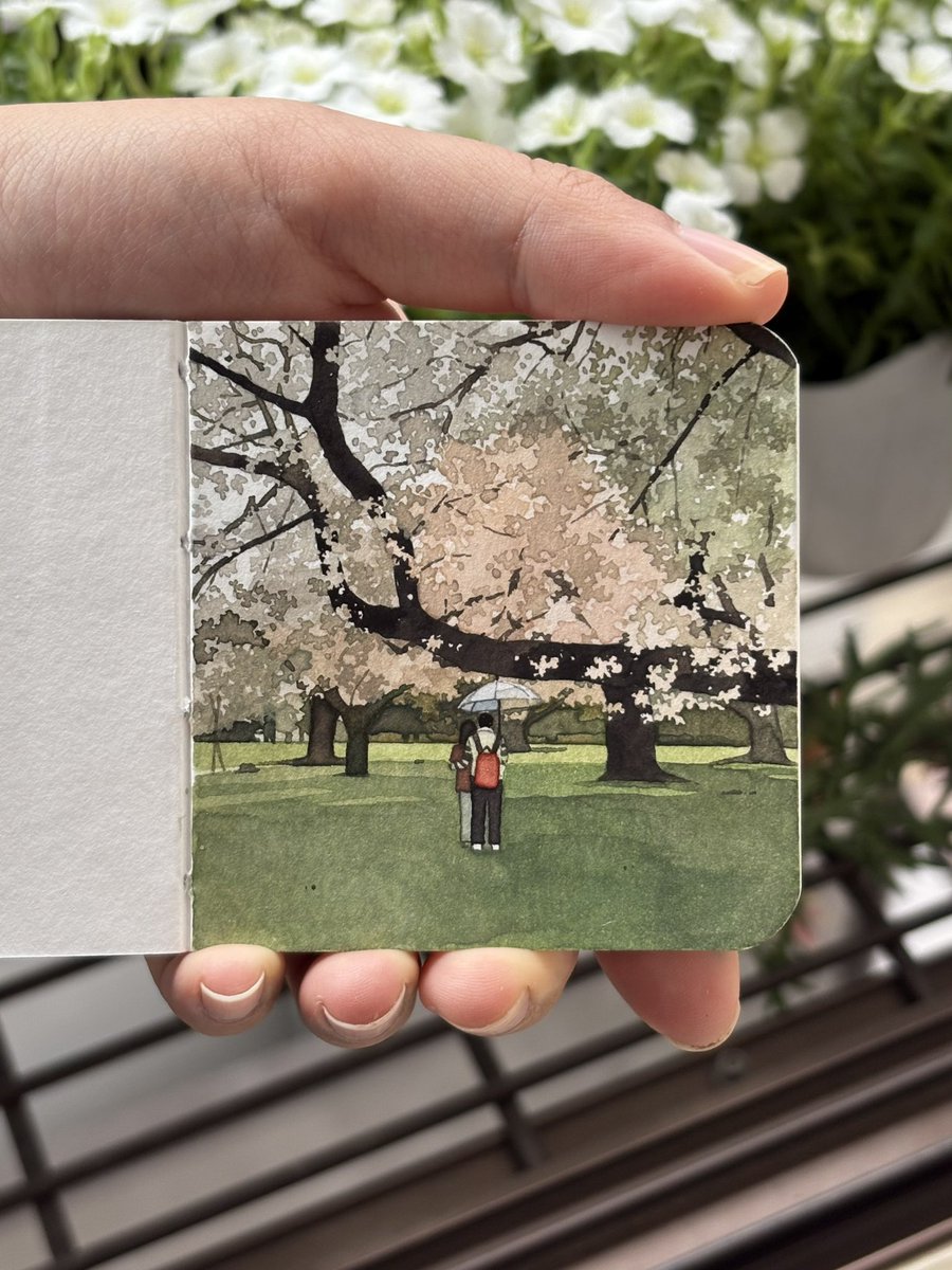 新しい水彩で小さな本を描いています。日本での景色を見ました。

(日本語はまた普通です、よろしくお願いします。)

1ページは新宿御苑で桜を見ました。
この日は雨だけど、綺麗な雰囲気を全然忘れない。🌧️🌸