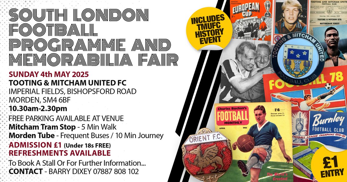Tooting & Mitcham United FC (@officialtmufc) on Twitter photo Tooting and Mitcham are hosting the first  ever South London Football Programme and Memorabilia Fair.
Sunday 4 May, from 10.30am.
Also we are combining with a club history event with a chance to see rare items right back to before the merger of Tooting Town and Mitcham Tooting and Mitcham are hosting the first  ever South London Football Programme and Memorabilia Fair.
Sunday 4 May, from 10.30am.
Also we are combining with a club history event with a chance to see rare items right back to before the merger of Tooting Town and Mitcham