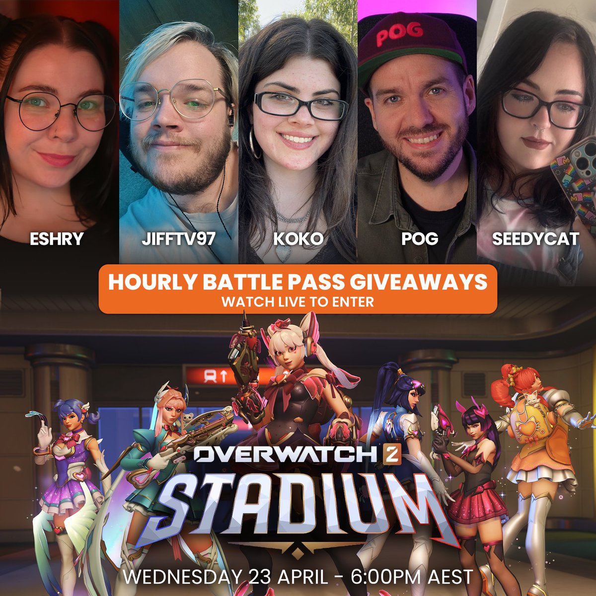 🚨 GIVEAWAY ALERT! 🚨 Overwatch Ultimate Battle Passes to win HOURLY tomorrow! 🎁

Join <a href="/eshreee/">Eshry</a> <a href="/jifftv97/">JIFFTV97</a> <a href="/kokodownunder_/">koko ❀</a> <a href="/seedycat/">catherine</a> &amp; <a href="/pog/">POG</a> as we celebrate the launch of Season 16: Stadium! 🏟️

👀Checking out the new mode, Freja &amp; all the new content! Wed, Apr 23 @ 6 PM AEST
