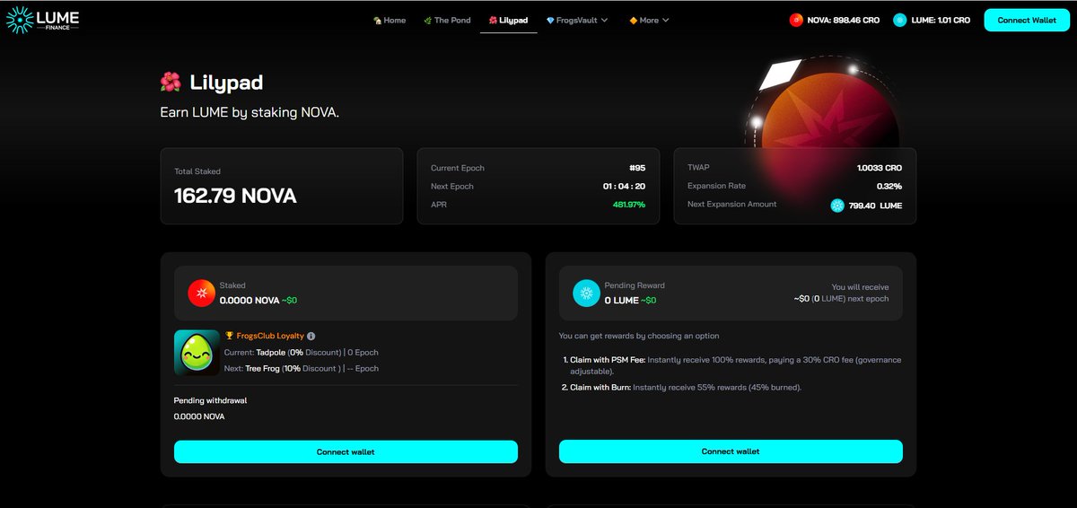 🌸Looking to earn some LUME? Now’s the perfect time to head over to Lume Finance and stake your NOVA on Lilypad!
With an APR of 481.97%, it’s a great chance to grow your rewards. You can pick how you want to claim them - either go for full rewards with a small fee or choose the