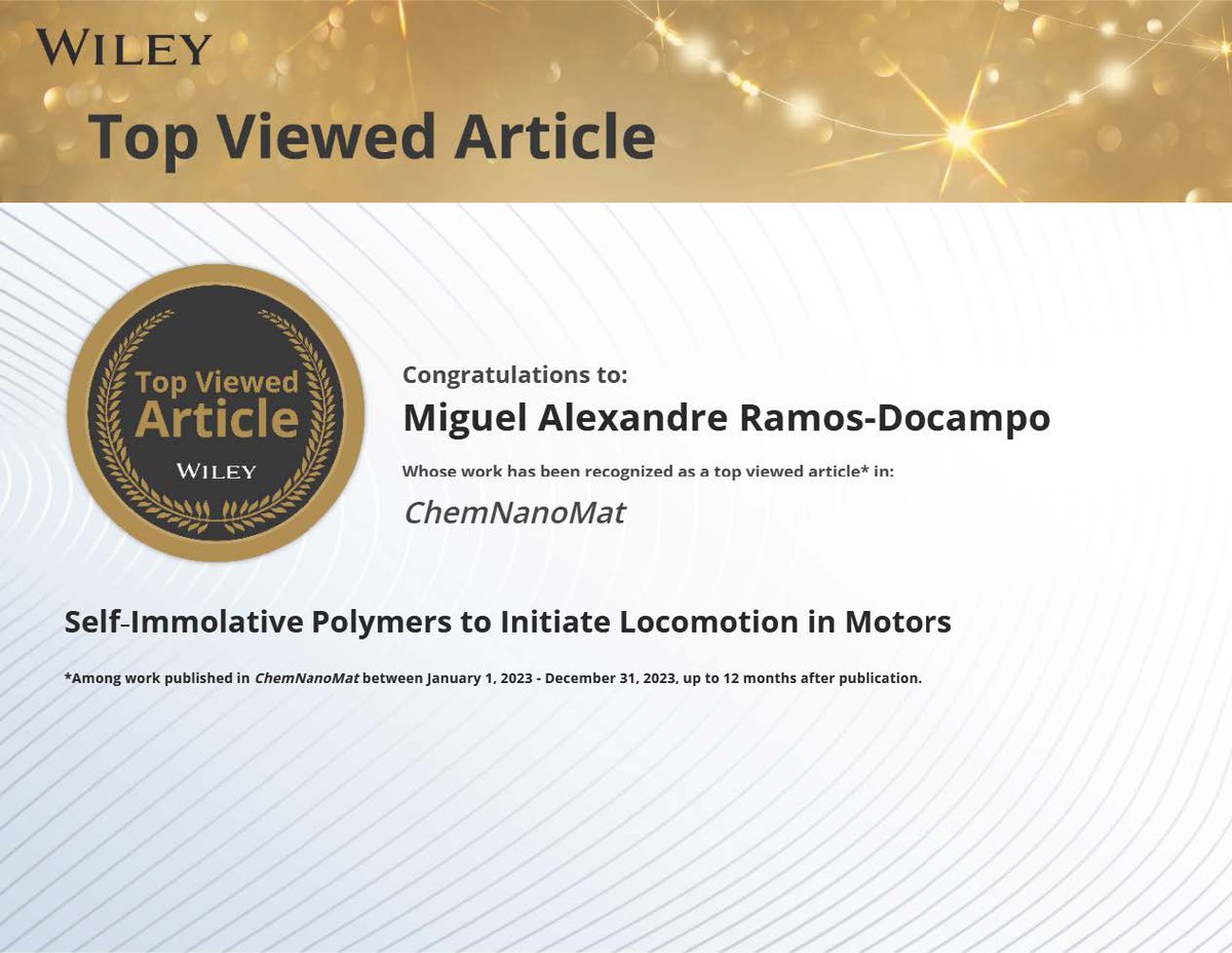 Our paper "Self-immolative polymers to initiate locomotion in motors" has ranked within the 10% #TopViewedArticle published by <a href="/ChemNanoMat/">ChemNanoMat</a>! This was part of Sarah Nieto's project and in collaboration with <a href="/_pauladedios/">Paula de Dios Andrés</a>, Xiaomin Qian and Brigitte Städler. Congrats to everyone!🎉