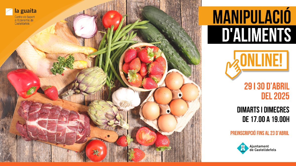🥕 Cerramos inscripciones para el curso de Manipulación de alimentos que empezamos el 29 de abril.

Aprovecha para ampliar tu currículum y obtener los conocimientos necesarios para trabajar en el ámbito de la alimentación y la hostelería.

Apúntate aquí ⤵️
castelldefels.org/ca/serveis/pro…