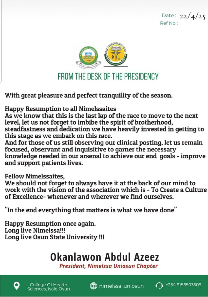 🌟 Happy Resumption, Nimelessaites! 🚀 Let’s finish strong with excellence, brotherhood &amp; dedication. Stay focused, aim higher! 💡 #NimelssaUniosun #AcademicGreatness