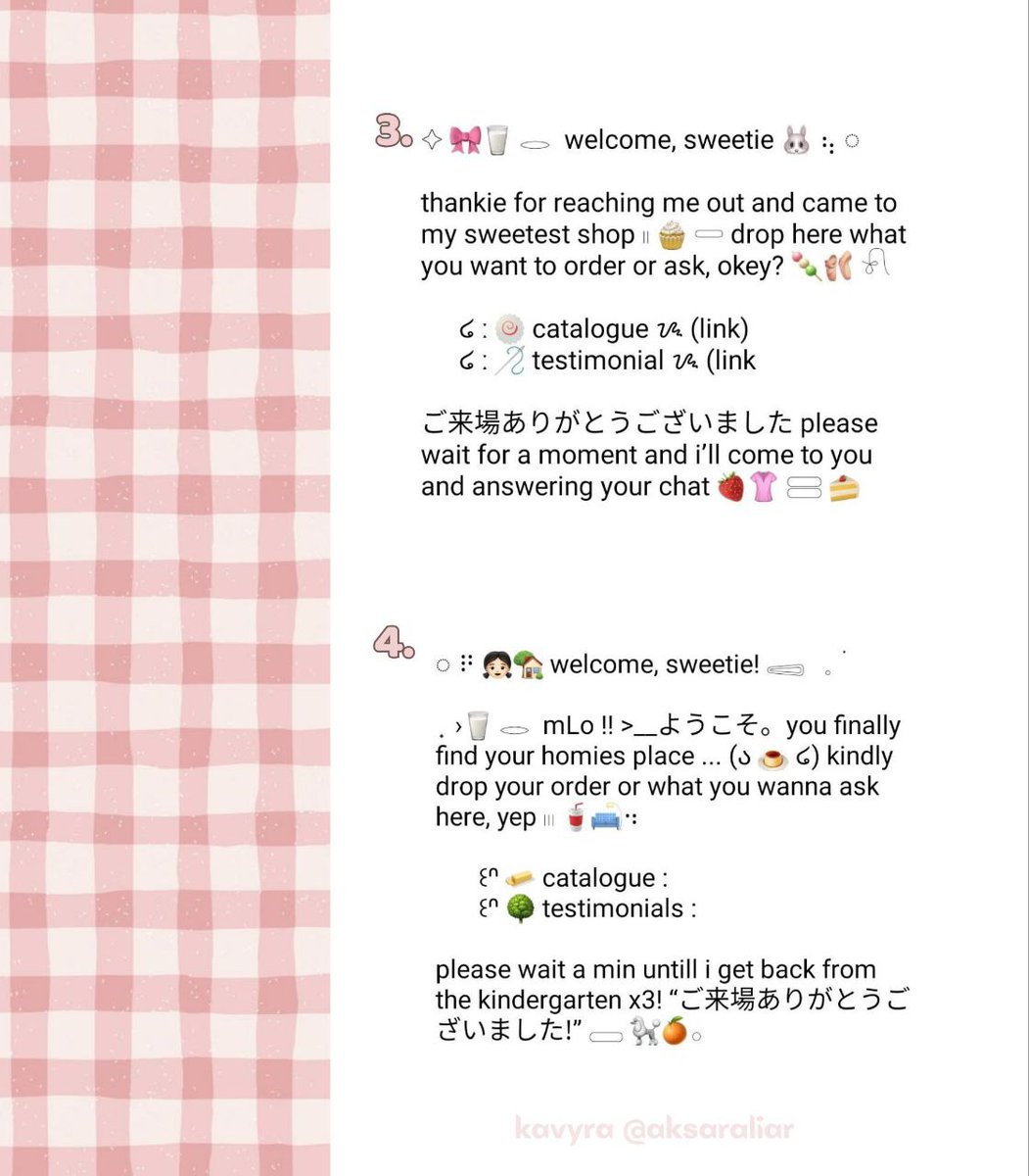 ⠀
꒰ like/retweet will be appreciated ꒱

໒  どうも 。。。hewoo cemua !! >___=3 🐩🥢aku di sini membawa 6 wording greeting wabis wa bisnis seharga idr 5,5OO saja per/each nya 🪼🍥 avail QRIS yepp ! ☁️

t. #zonauang #zonajajan (1/2)
⠀