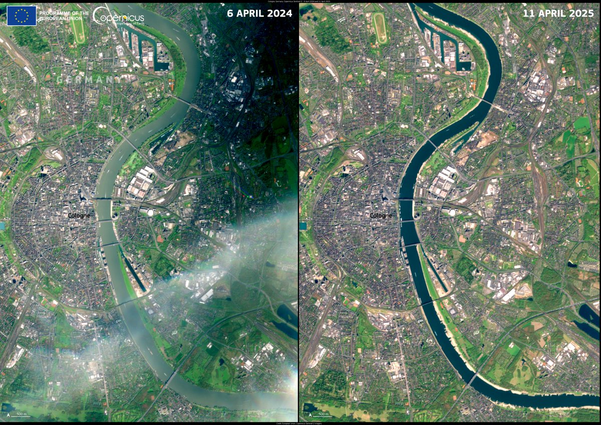 ☀️ March 2025 was Germany’s driest March on record.

By 12 April, the Rhine River in Cologne dropped to just 1.54 m - about half the usual level.

📸 These #Sentinel2 images show the dramatic change in just one week. ⤵️

#ImageOfTheDay