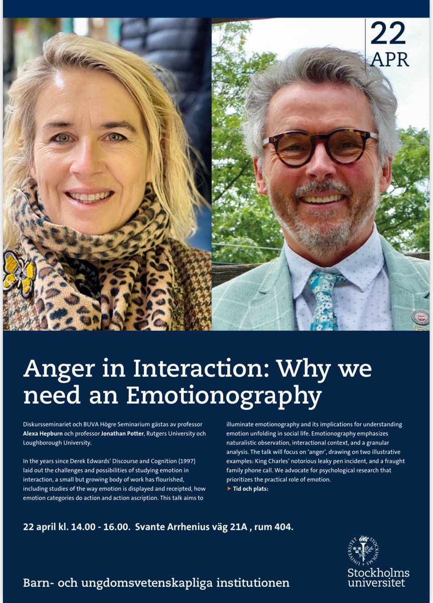 Jonathan Potter (@jonathanpotter6) on Twitter photo Excited, happy, delighted, only slightly anxious, to be talking about the emotionography of anger in Stockholm later. <a href="/alexahepburn/">Alexa Hepburn</a> @LizStokoe <a href="/derekedwards/">Derek Edwards</a> <a href="/iscaupdates/">International Society for Conversation Analysis</a> <a href="/RucalTeam/">Rutgers CA Lab</a>
#EMCA Excited, happy, delighted, only slightly anxious, to be talking about the emotionography of anger in Stockholm later. <a href="/alexahepburn/">Alexa Hepburn</a> @LizStokoe <a href="/derekedwards/">Derek Edwards</a> <a href="/iscaupdates/">International Society for Conversation Analysis</a> <a href="/RucalTeam/">Rutgers CA Lab</a>
#EMCA