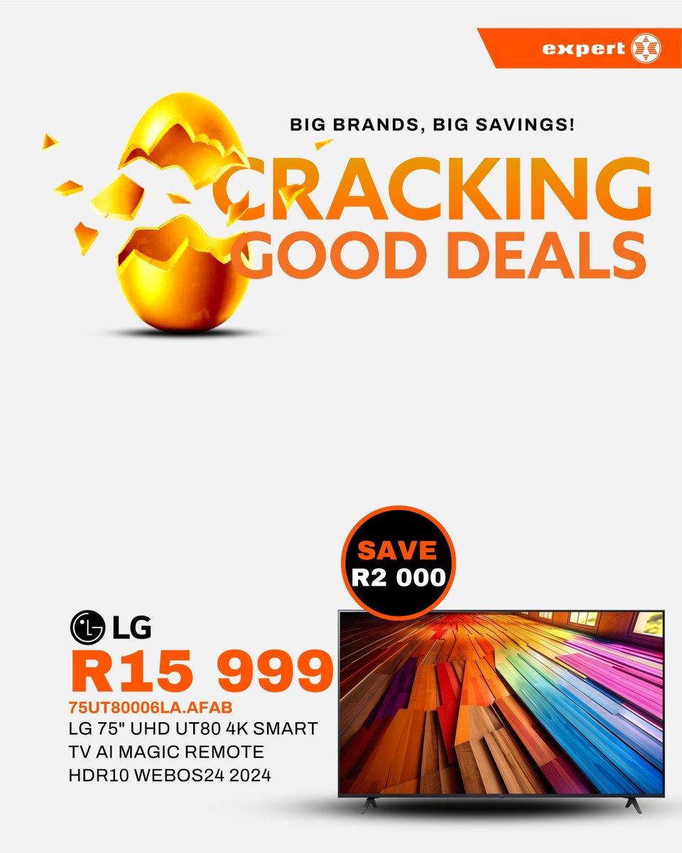 expertstores_sa's tweet photo. 📺 Level up your screen time with LG!
These LG Smart TVs bring home entertainment to life!
💥 Limited-time Cracking Good Deals only at Expert, online or your nearest store!
🛒 Shop now → https://t.co/HRlUsvGWIr
#ExpertSA #CrackingGoodDeals #LG #BigScreenSavings https://t.co/8SWj78VhTD