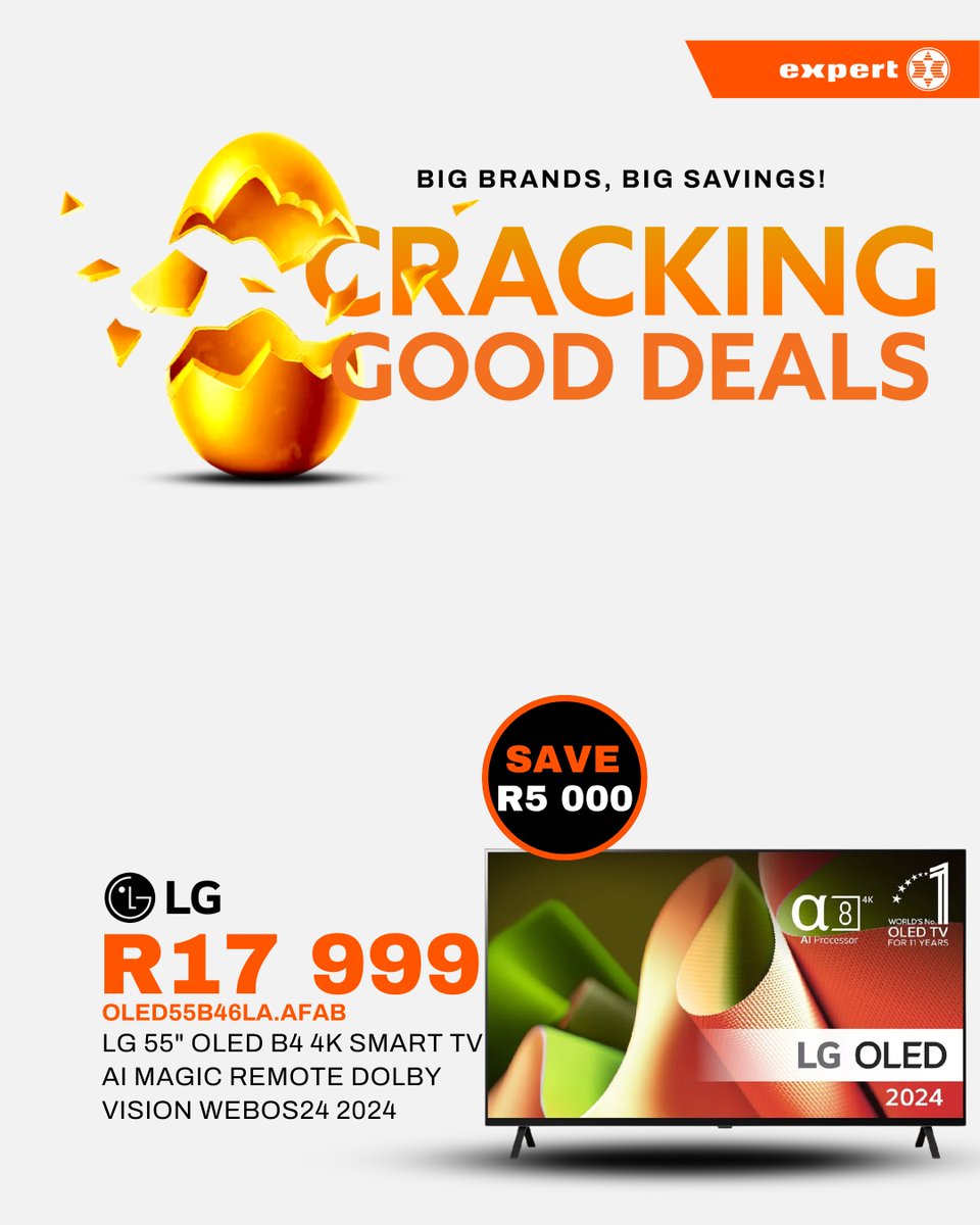 expertstores_sa's tweet photo. 📺 Level up your screen time with LG!
These LG Smart TVs bring home entertainment to life!
💥 Limited-time Cracking Good Deals only at Expert, online or your nearest store!
🛒 Shop now → https://t.co/HRlUsvGWIr
#ExpertSA #CrackingGoodDeals #LG #BigScreenSavings https://t.co/8SWj78VhTD