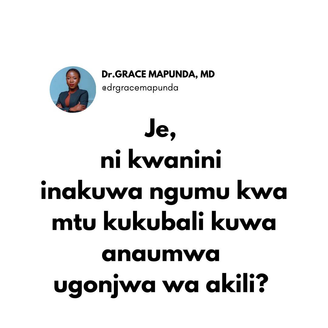 DrGraceMapunda's tweet photo. Swipe for more >>>> AFYA YA AKILI

Kumekuwa na maswali mengi juu ya magonjwa ya akili. 

Ni muhimu kufahamu  kuhusu AFYA YA AKILI na UGONJWA WA AKILI.

Karibu tuendelee kujifunza zaidi ili kuvunja unyanyapaa wa AFYA YA AKILI.

#afyayaakiliniafya
#sononakazini📚 https://t.co/88QS4HVox4