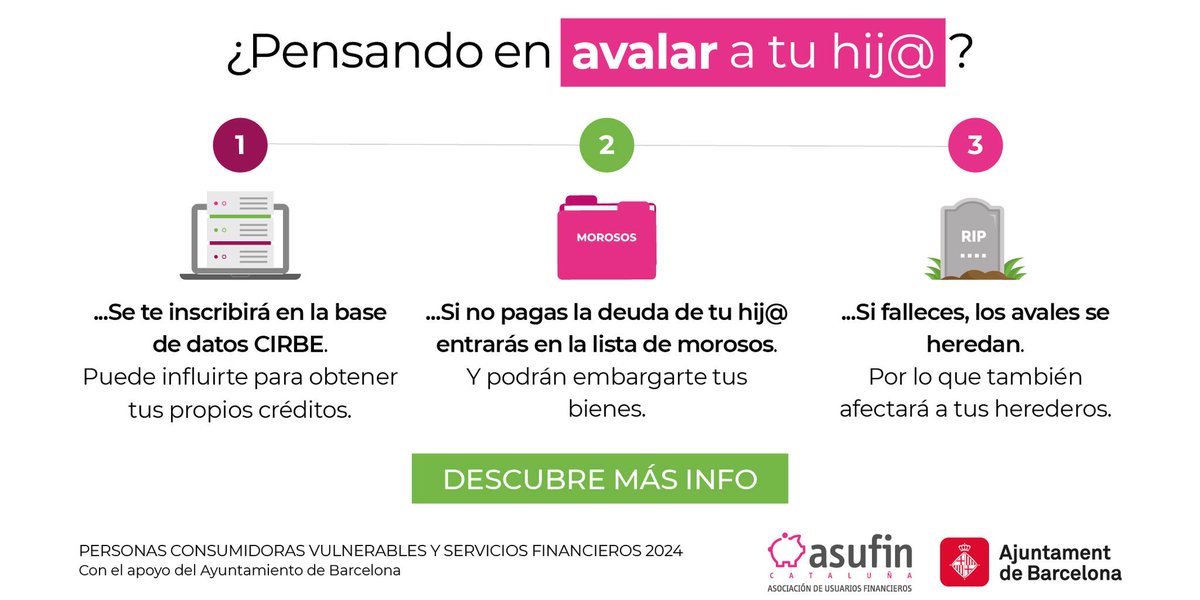 asufin_'s tweet photo. ¿Estás pensando en #avalar💶a tu hijo? https://t.co/5T3uNLDheE
¡Es importante que sepas esto antes!
📍Se te inscribirá en el CIRBE
📍Si falleces, los avales se heredan
Descarga GRATIS nuestra infografía y descubre más: https://t.co/5T3uNLDheE https://t.co/TcvJ2vMLnj