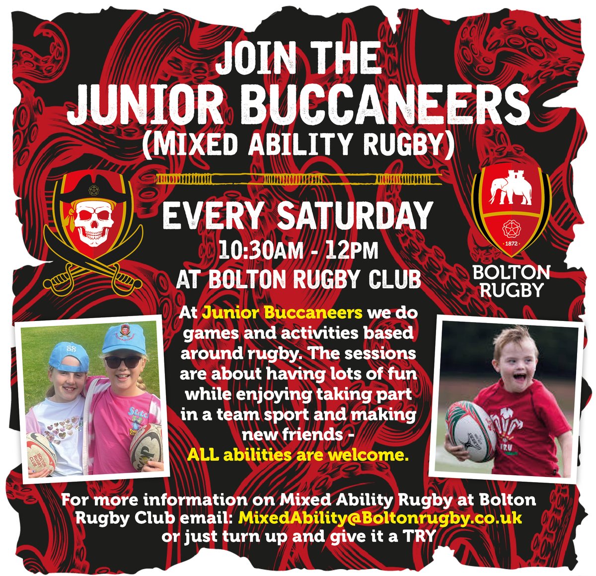 BuccaneersMA's tweet image. Junior Buccaneers training every Saturday at the club 10.30am-12pm. Mixed Ability Rugby encourages people with ALL abilities to play alongside each other in a truly inclusive group. We include everyone in a fun team sport that’s easy & fun to play in a safe environment. #MARugby