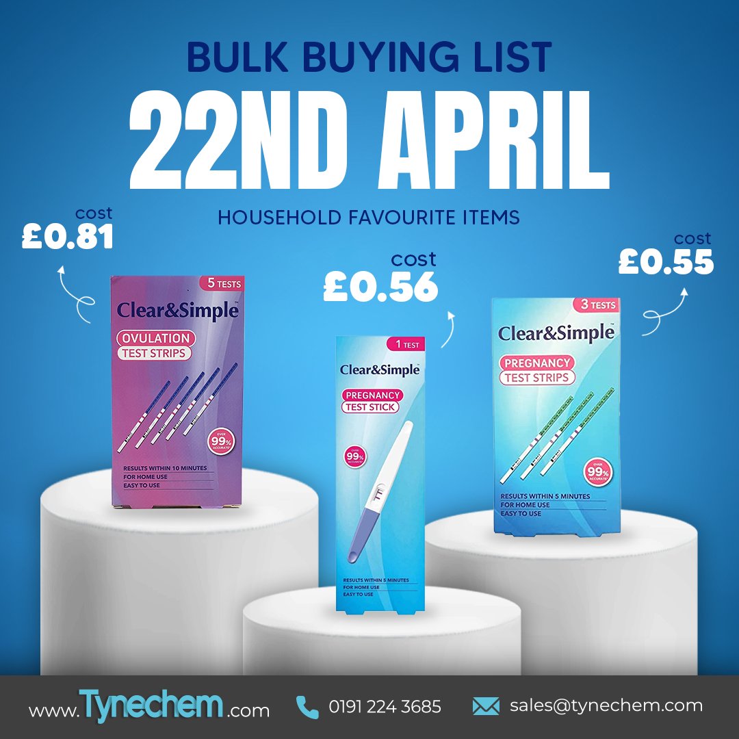 📦 Our 22nd April Bulk Buying List is out now!

This week, we’re highlighting the Clear &amp; Simple range — trusted, easy-to-use diagnostics for pharmacies and shops.

🛒 Download the full list and get your orders in: tynechem.com/wp-content/upl…

#Pharmacy #ClearAndSimple #Tynechem