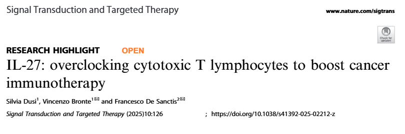 FrancescoDS82's tweet photo. Happy to share our recent commentary published on Signal Transduction and Targeted Therapy, highlighting the role of IL-27 in promoting cancer immunotherapy.

https://t.co/o3OmjtYO2K

@Immunologia1 @NaturePortfolio https://t.co/qVk312AgQ2
