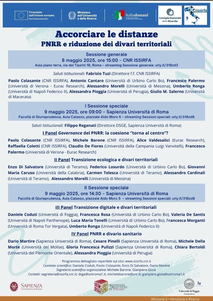 Daniele Coduti (@danielecoduti) on Twitter photo Convegno "Accorciare le distanze. PNRR e riduzione dei divari territoriali", 8 e 9 maggio 2025, presso <a href="/rfacnr/">CNR ISSIRFA</a> e <a href="/SapienzaRoma/">Sapienza Università di Roma</a> Convegno "Accorciare le distanze. PNRR e riduzione dei divari territoriali", 8 e 9 maggio 2025, presso <a href="/rfacnr/">CNR ISSIRFA</a> e <a href="/SapienzaRoma/">Sapienza Università di Roma</a>