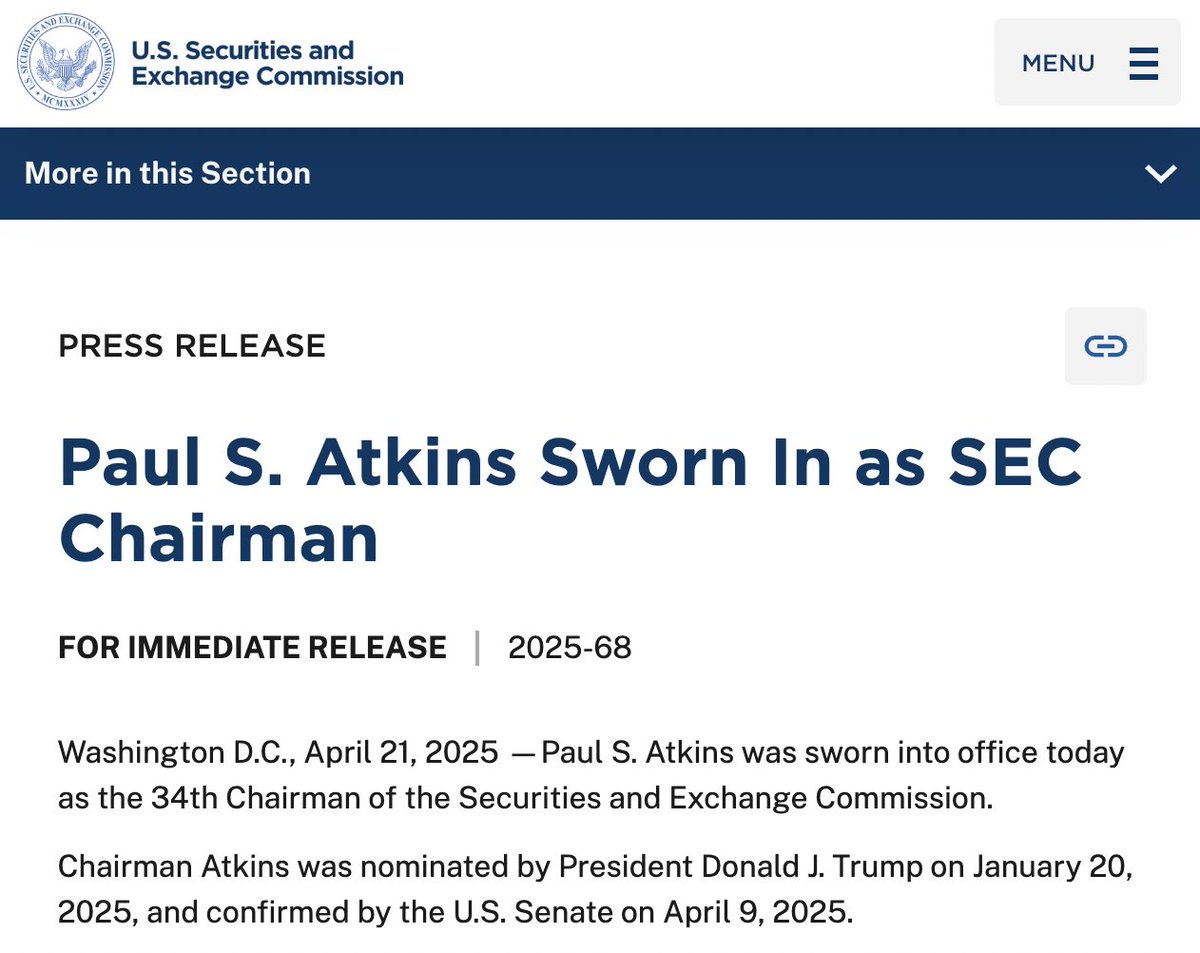BREAKING: 🇺🇸 Pro-Bitcoin and crypto Paul Atkins officially sworn in as  new SEC Chair.