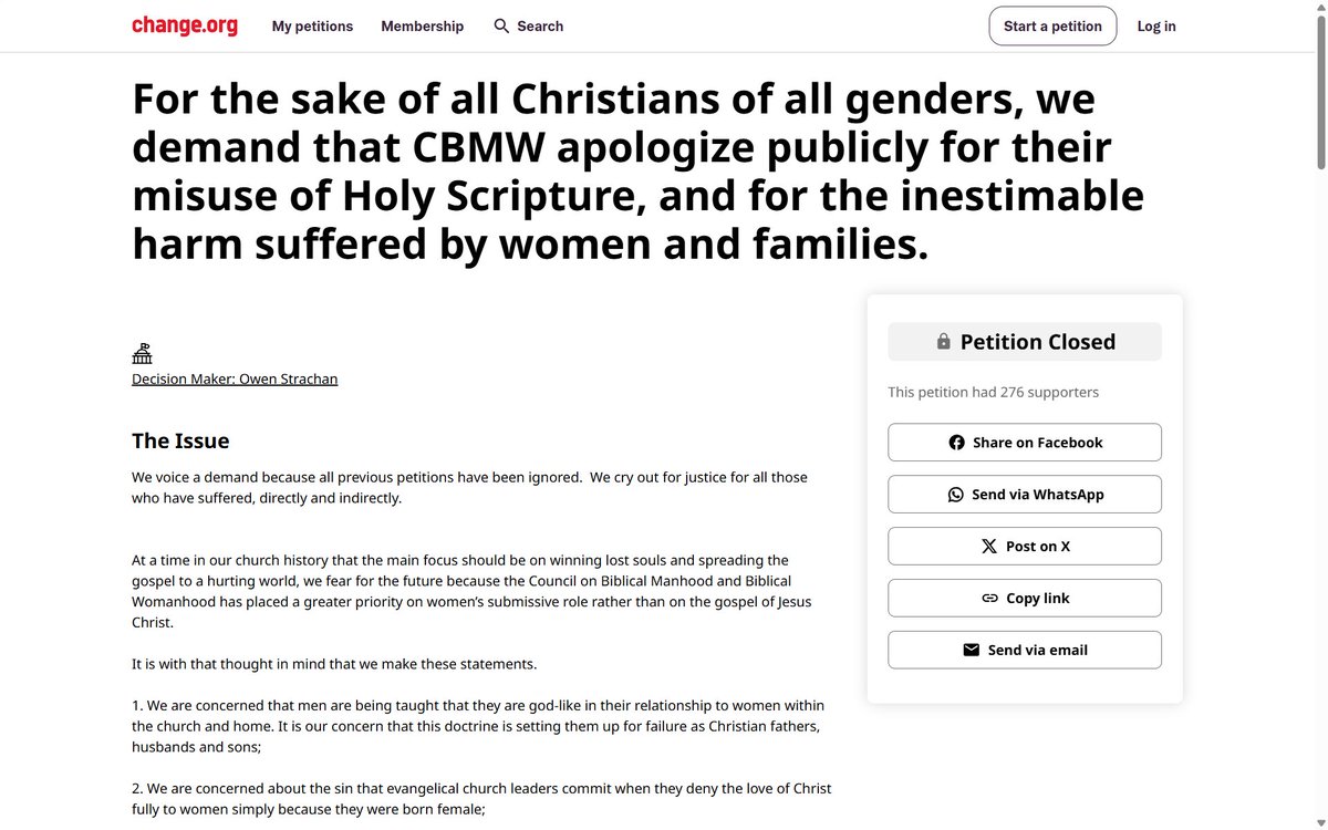 Remember going on 15 years ago when the Freedom for Christian Women Coalition (whatever happened to them?) “demand[ed]” that <a href="/CBMW/">CBMW</a> (then headed by <a href="/ostrachan/">Owen Strachan</a>) “apologize publicly” for what their consciences told them Scripture teaches about male and female roles?

Fun times! 🤦‍♂️