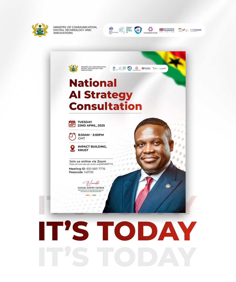 rail_knust's tweet image. 📍 It’s TODAY! 📍
Follow the #conversation online with the Zoom details on the flier 👇
🗓 Date: Tuesday, 22nd April 2025
⏰ Time: 8:30 AM prompt
📍 Venue: The Impact Building, KNUST
#GhanaAIConsultation #AIForDevelopment #DigitalTransformation