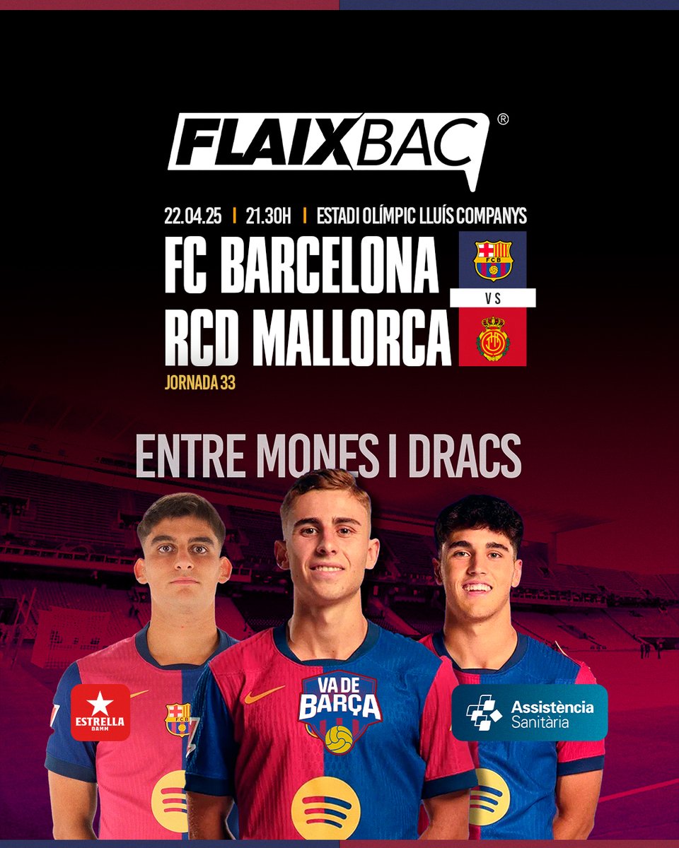 ⚔️ ᴅɪᴀ ᴅᴇ ᴘᴀʀᴛɪᴛ ⚔️

🗓 Dimarts 22 d'abril
⚽️ FC Barcelona - RCD Mallorca
🏟 Estadi Olímpic Lluís Companys
🕘 21:30