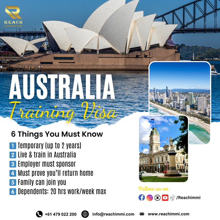 reachimmi's tweet image. 🌏 Thinking about an Australia Training Visa?
Here are 6️⃣ must-knows
✅ Max 2 yrs stay
✅ Must be employer-sponsored
✅ Family can join
✅ Dependents = 20 hrs/wk work
📲 Reach Immigration
🌐 reachimmi.com
📞 +61 479 022 200
#ReachImmigration #AustraliaVisa #TrainingVisa