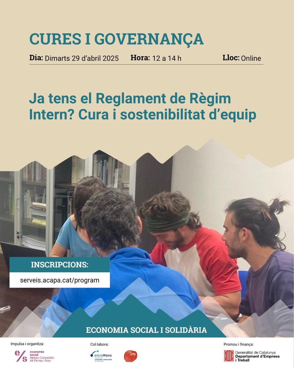 Ja tens reglament de règim intern?🤓

Oferim una sessió de formació sobre el Reglament de Règim Intern com a eina de cura i sostenibilitat de l'equip en una cooperativa amb la cooperativa Entremons i Coopdera.

📆 29/04
⏰ 12h 
📍 Online

Inscriu-te a: serveis.acapa.cat/program