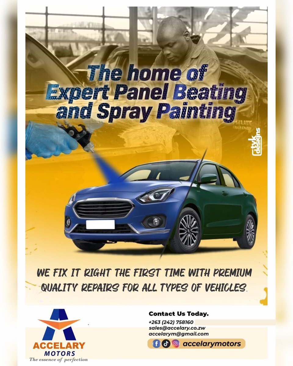 accelary's tweet image. Are you looking for a panel beating and spray painting shop ? 

 Your search ends here : @AccelaryMotors

📞: 0788000111
📧: sales@accelary.co.zw 
📍: 3 Hunter rd, New Ardbennie 
.
.
#accelarymotors #dentremoval #panelbeating #spraypainting #accidentdamage