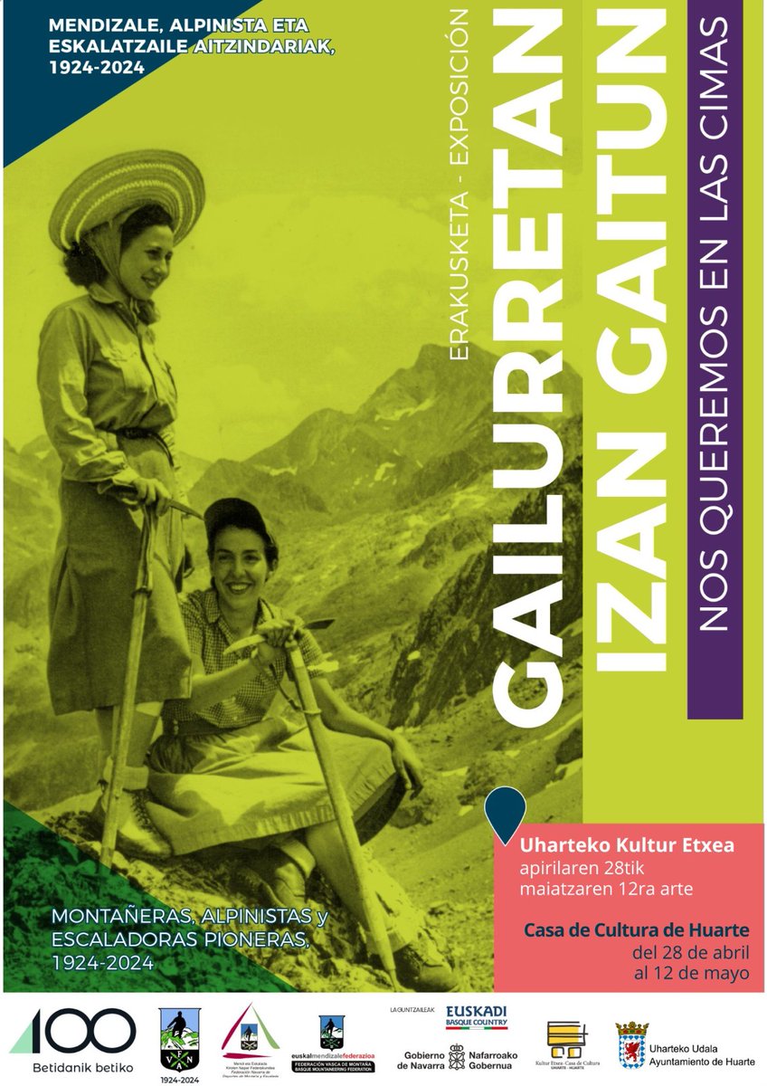 ⛰️🟣ERAKUSKETA: GAILURRETAN IZAN GAITUN
Mendizale, alpinista eta eskalatzaile aitzindariak
🗓️Apirilak 28 – maiatzak 12

⛰️🟣 EXPOSICIÓN: NOS QUEREMOS EN LAS CIMAS
Montañeras, alpinistas y escaladoras pioneras 
🗓️28 de abril - 12 de mayo

<a href="/Uharteko_Udala/">Ayuntamiento Huarte</a> <a href="/FedVascaMontana/">Federación Vasca de</a>