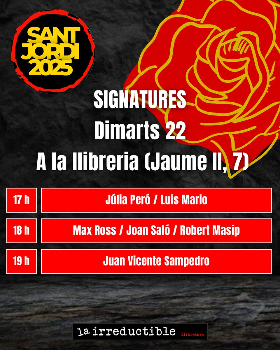 Aquesta tarda a <a href="/lairreductible1/">la irreductible</a>  estaran signant Max Ross <a href="/xretazosdemi/">Max 🏳️‍⚧️</a> (La caída del tiempo) i Joan Saló <a href="/lo_salo_salo/">Saló del Còmic d'Alkarràs</a> (Capità Alkarràs). Passeu a saludar-los!