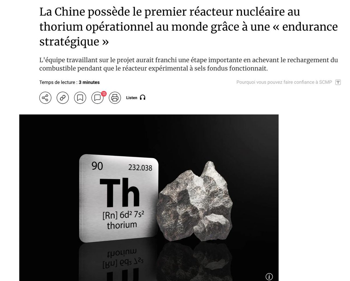 La Chine a atteint la pleine exploitation du premier réacteur au thorium au monde.

▪️La Chine a franchi une étape importante dans le domaine de l’énergie nucléaire . Le réacteur expérimental au thorium, qui n'a pas d'analogue dans le monde, a épuisé son premier lot de