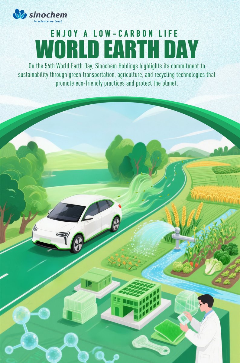 SinochemNews's tweet photo. #DigDeepinESG #WorldEarthDay
On the 56th World Earth Day, Sinochem Holdings reaffirms its commitment to a greener future through green transportation with sustainable tyre materials, green agriculture with @Syngenta's biologicals, and innovative technologies from KraussMaffei that turn plastic waste into valuable resources.⭐