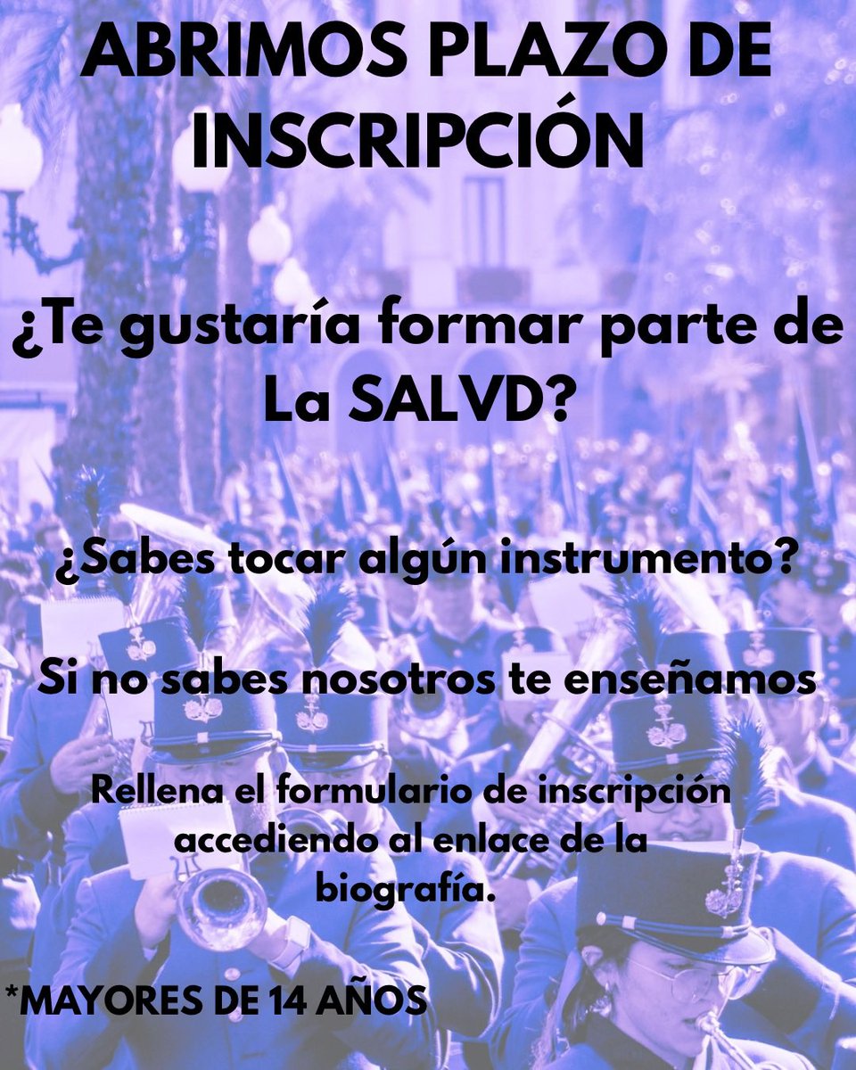 //𝑷𝑳𝑨𝒁𝑶 𝑰𝑵𝑺𝑪𝑹𝑰𝑷𝑪𝑰Ó𝑵//

Queda abierto el plazo de inscripción para formar parte de La Salud. 

*𝑴𝒂𝒚𝒐𝒓𝒆𝒔 𝒅𝒆 𝟏𝟒 𝒂ñ𝒐𝒔* 

Accede desde el enlace de la biografía. 

#SALVD