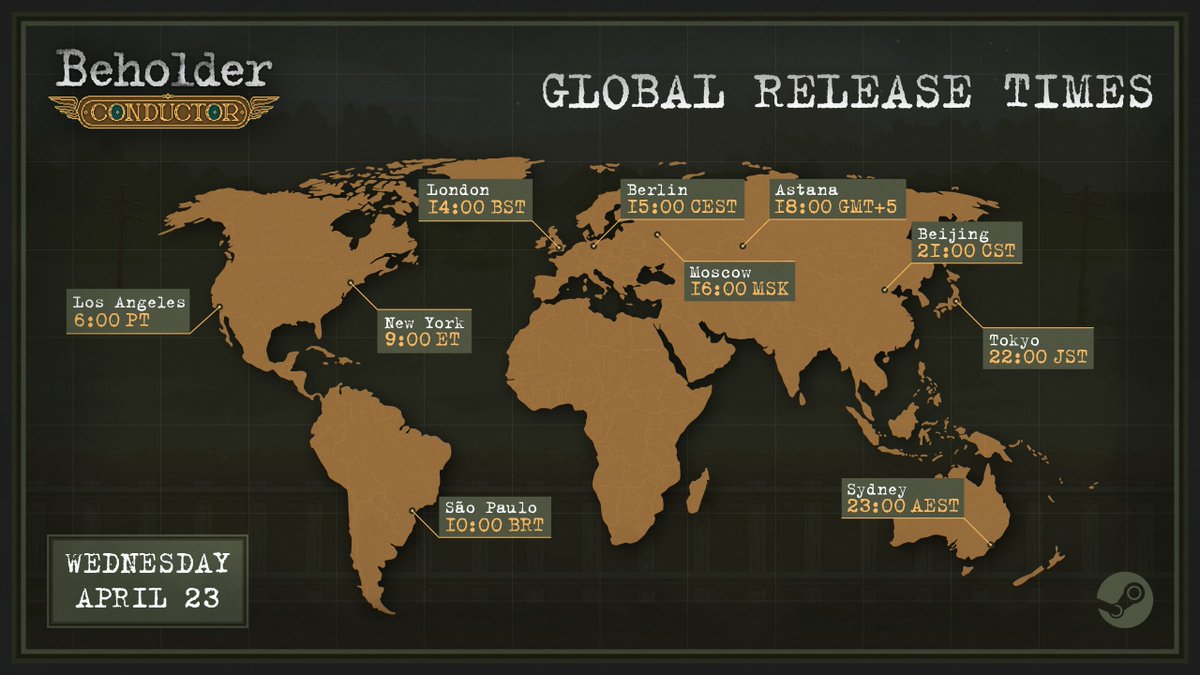 Attention, Conductors!

The Ministry confirms: Beholder: Conductor departs on April 23 at 13:00 UTC on Steam (Windows &amp; macOS).

💵 Price: $13.99
🏷️Launch discount: -10% for 10 days

Do not be late. The train waits for no one.
s.team/a/2825530