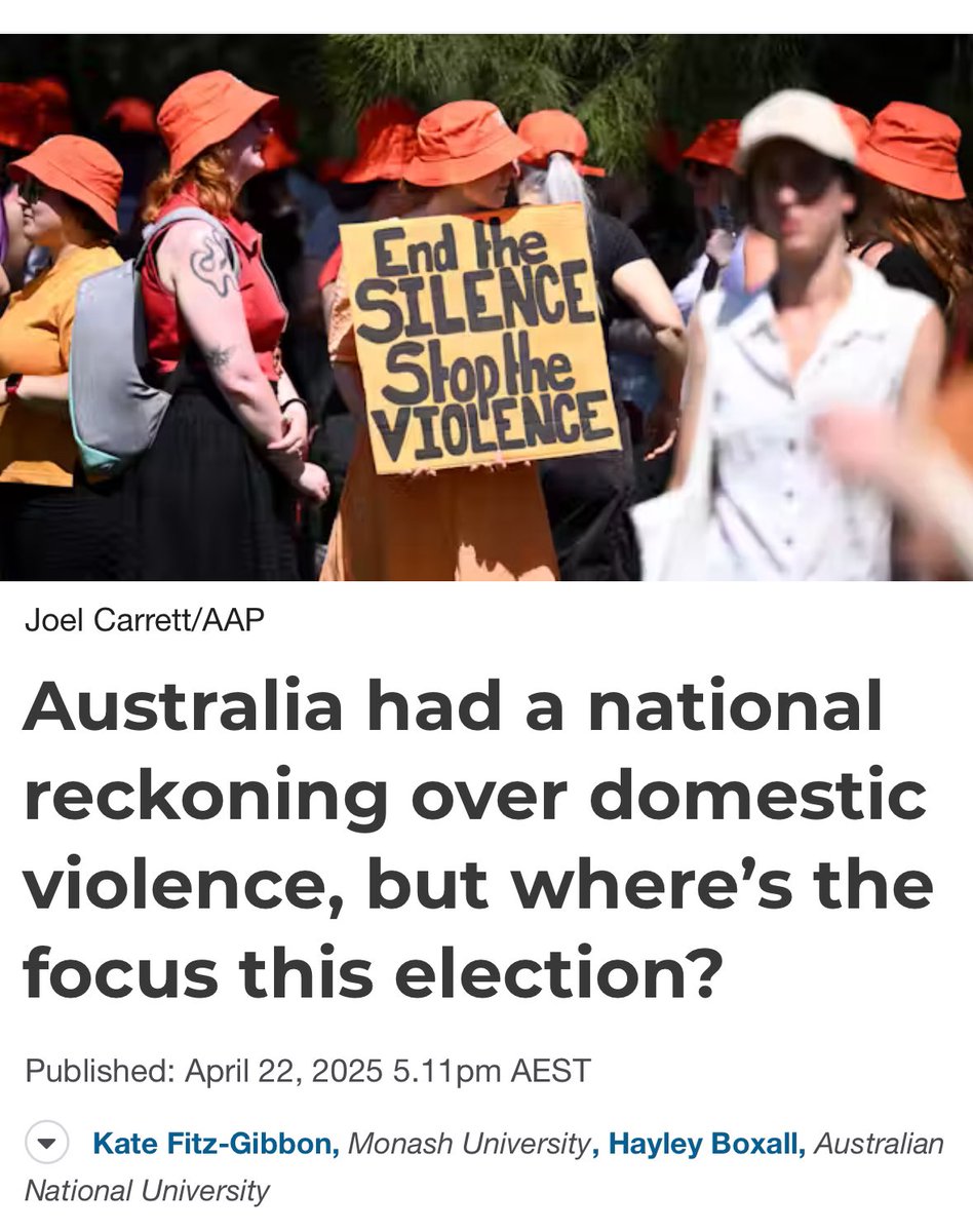 Kate Fitz-Gibbon (@kate_fitzgibbon) on Twitter photo Violence against women was declared a national crisis in Australia in 2024. So why has it been barely mentioned this federal election?
<a href="/hayleyboxall1/">Dr Hayley Boxall</a> & I examine what’s missing & what is needed from our political leaders.
👉🏼 Read via <a href="/ConversationEDU/">The Conversation - Australia + New Zealand</a> theconversation.com/australia-had-… Violence against women was declared a national crisis in Australia in 2024. So why has it been barely mentioned this federal election?
<a href="/hayleyboxall1/">Dr Hayley Boxall</a> & I examine what’s missing & what is needed from our political leaders.
👉🏼 Read via <a href="/ConversationEDU/">The Conversation - Australia + New Zealand</a> theconversation.com/australia-had-…