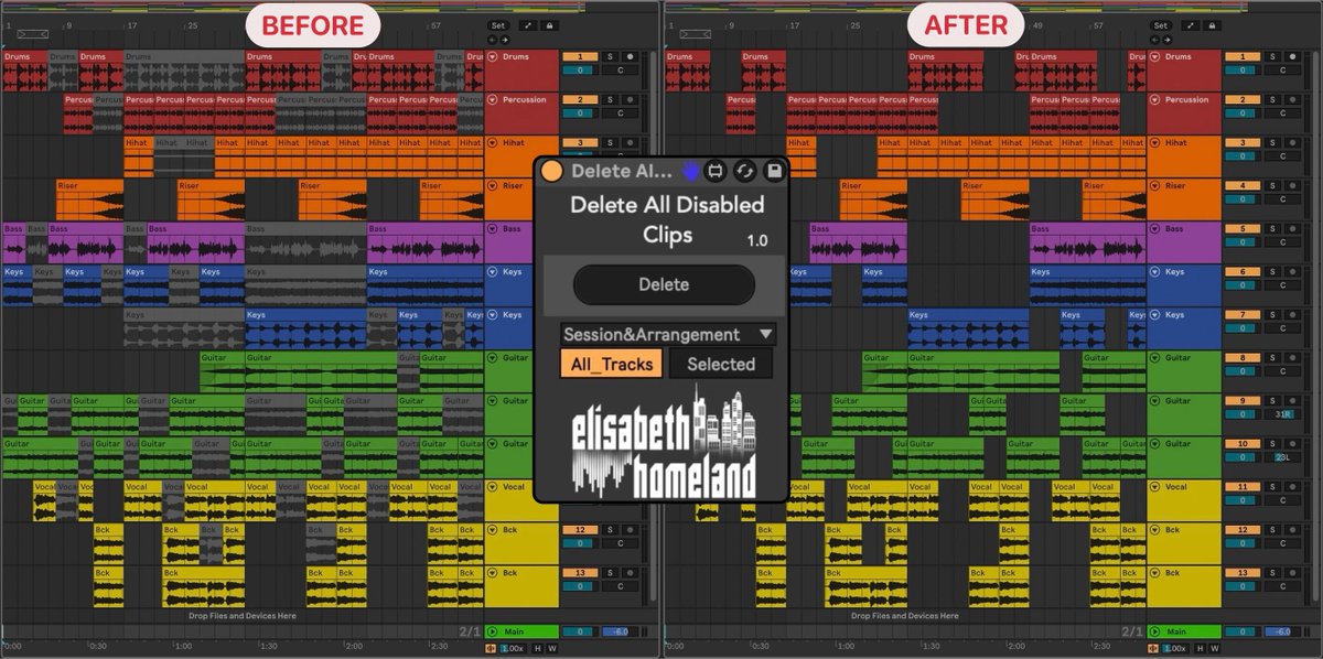 Hey,

I just released another  FREE Maxforlive  device. : )

This one lets you remove all unused muted/disabled clips from your Live Set with a single click.

You can grab it here: elisabethhomeland.com