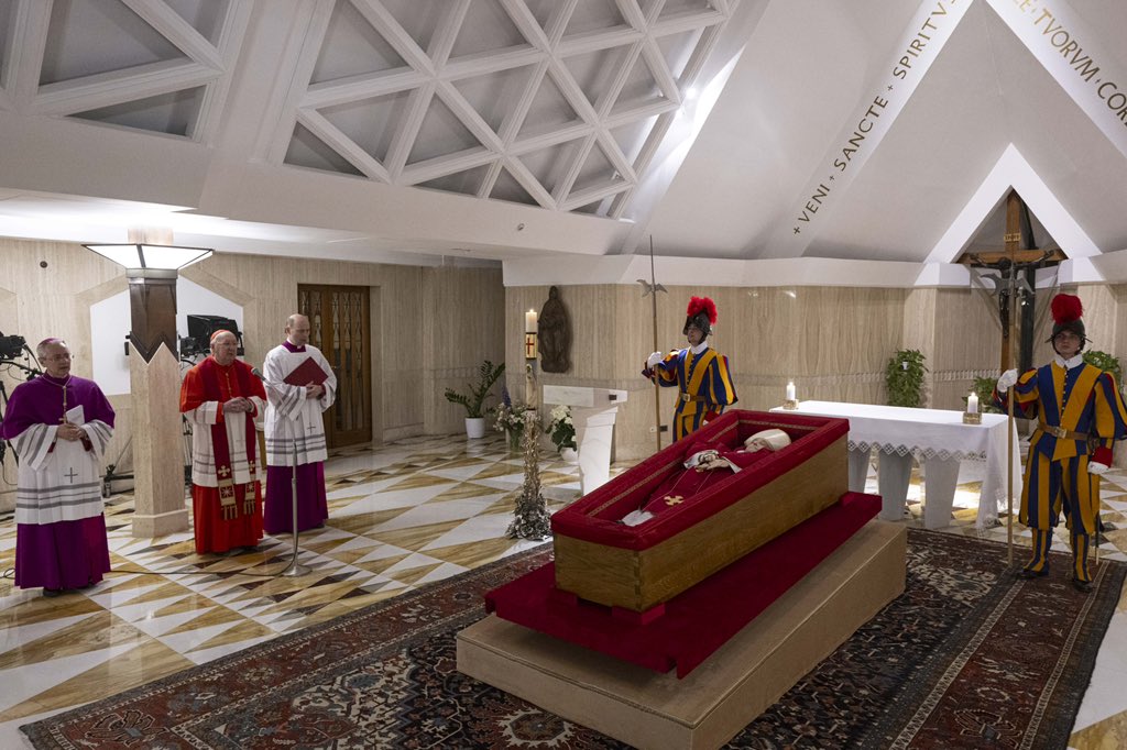 Jonathan Swain (@swainitv) on Twitter photo Pope Francis at peace. The Vatican has released this picture of him in a coffin in the Santa Marta residence where he lives. Tomorrow his body will be moved to St Peter’s Basilica.
#PopeFrancis #Pope <a href="/GMB/">Good Morning Britain</a> Pope Francis at peace. The Vatican has released this picture of him in a coffin in the Santa Marta residence where he lives. Tomorrow his body will be moved to St Peter’s Basilica.
#PopeFrancis #Pope <a href="/GMB/">Good Morning Britain</a>