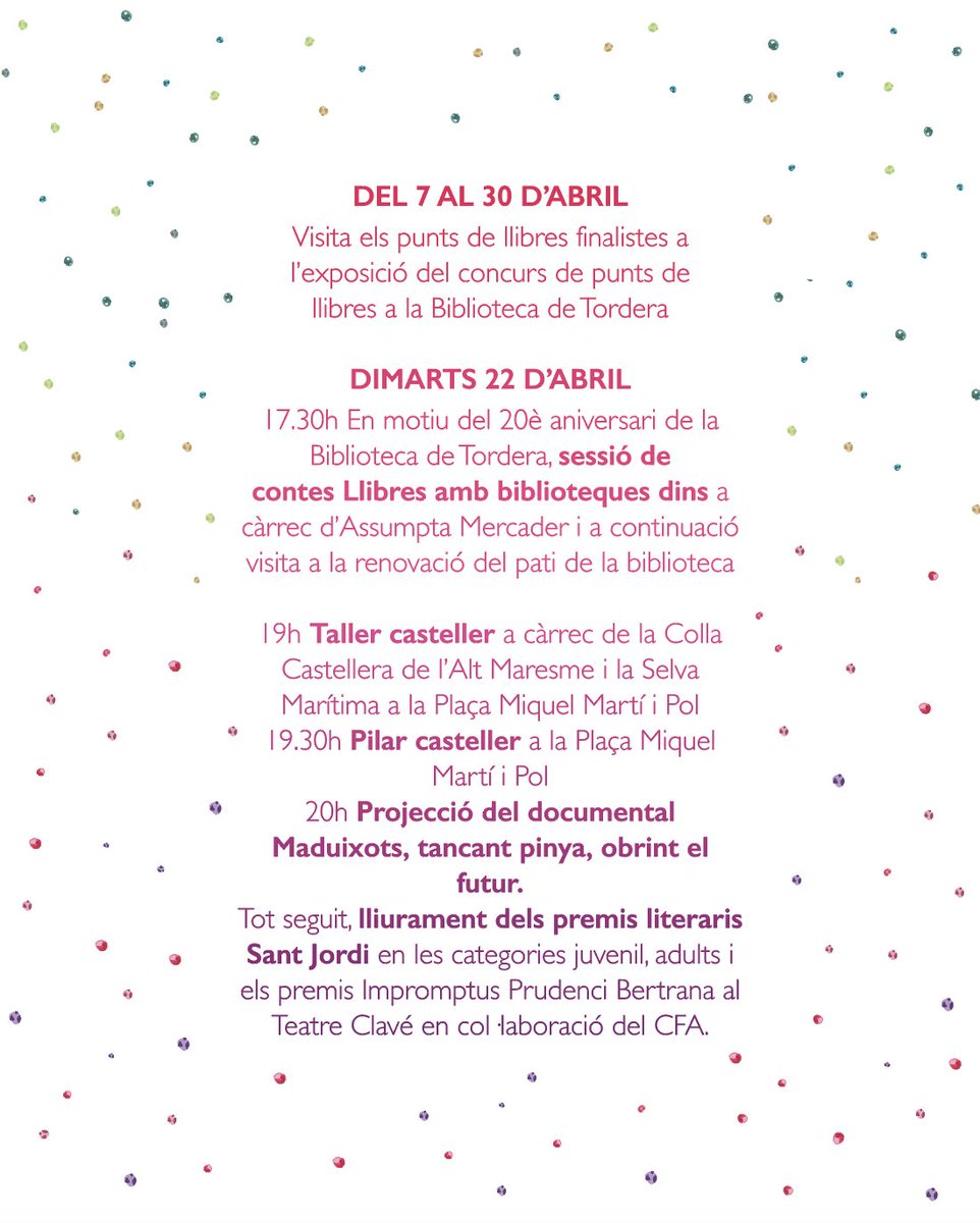 Aj_Tordera's tweet photo. 🌹📖 Tordera viurà avui la revetlla de Sant Jordi 2025! 

📜La @btordera , la plaça Miquel Martí i Pol i el @TeatreClave seran els escenaris on la cultura serà la principal protagonista 🍓

😁Us hi esperem! 

#SantJordiTordera25 #TorderaSomriu #Tordera https://t.co/BOp1xEjKd0