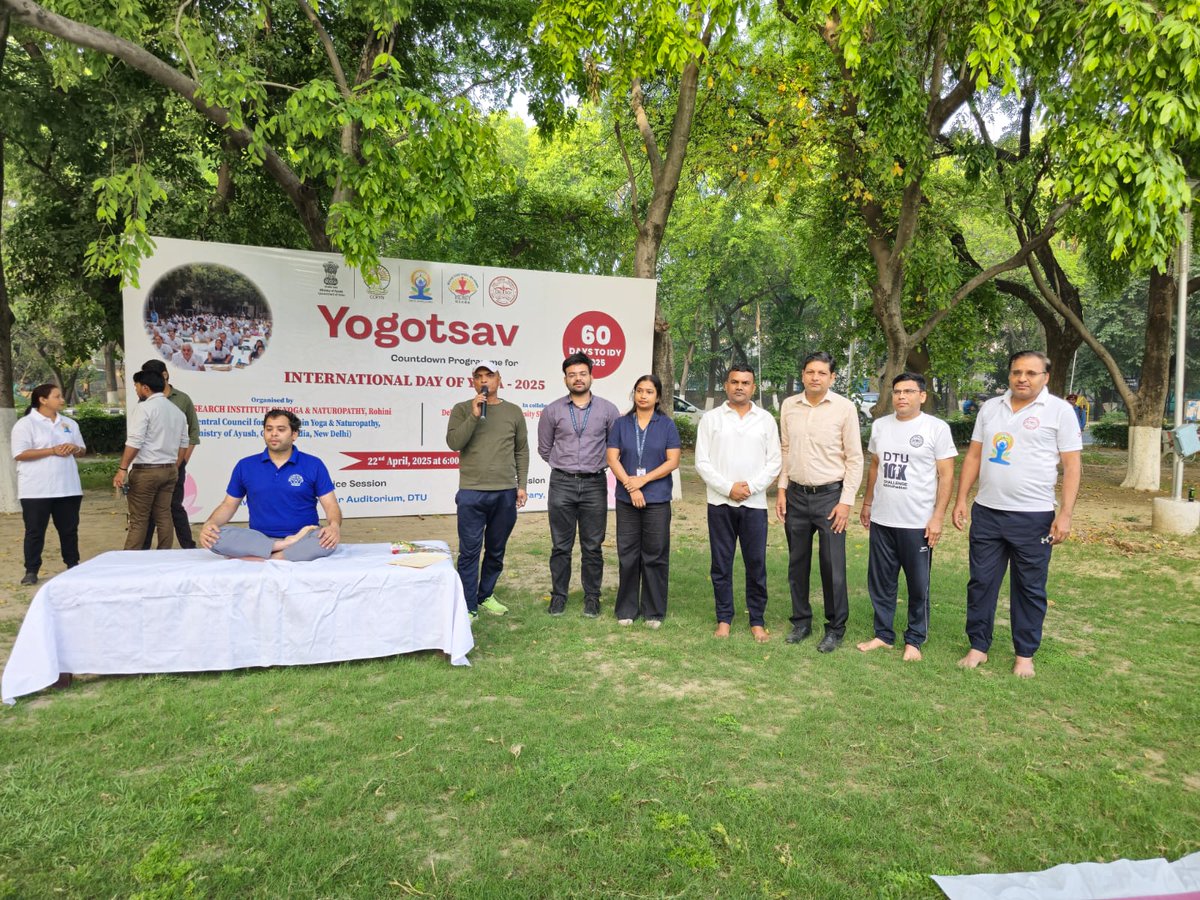 DirectorCcryn's tweet photo. IDY-2025 ,countdown 60th day program  

CRIYN Rohini, New Delhi organised 60th Day countdown on 22nd April 2025 at  Delhi Technological University (DTU), Bawana Road, Rohini, New Delhi.

The Program started with welcome address by Dr. Amit Srivastava (Dean, Outreach Department and Chairmen CPO- DTU).

The programme scheduled as:
Common Yoga Protocol: By Yoga Therapist team of CRIYN Rohini; Ms. Neha, Ms. Vineeta and Demonstrated by Mr. Gaurav.
Brief Introduction of IDY 2025 by Dr. Preethi Bendore and Subhash Dhayal.

The technical session on Management of stress through Yoga was delivered by Dr. Bhavit Bansal. And Refreshment was served for the participants.

The “YOGOTSAV” was successfully organised at the Lawn at the administrative block of Delhi Technological University. The session was  coordinated by the Yoga instructor of DTU Mr. Dinesh. Around 200 Participants participated in Morning Yoga Protocol Session followed by a technical session. The participants were from the faculty, administrative staff of DTU, people from the community and students. Doctors and Yoga therapists of CRIYN , Rohini were felicitated by DTU dignitaries. At the end of the  program the technical session was conducted where participants cleared their doubts by speaking to CRIYN  doctors. It was a successful event DTU is expecting CRIYN, Rohini ( CCRYN) to conduct many such programs in future.

#yogotsav2025 #IDY2025 #yogaforoneearthonehealth #yoga #Naturopathy

@narendramodi @moayush @mdniy @vaidyakotecha @PMOIndia @AmitShah @PIB_India @mpprataprao @ICMRDELHI @MoHFW_INDIA @vaidyakotecha @DELHITECHNOLOG1