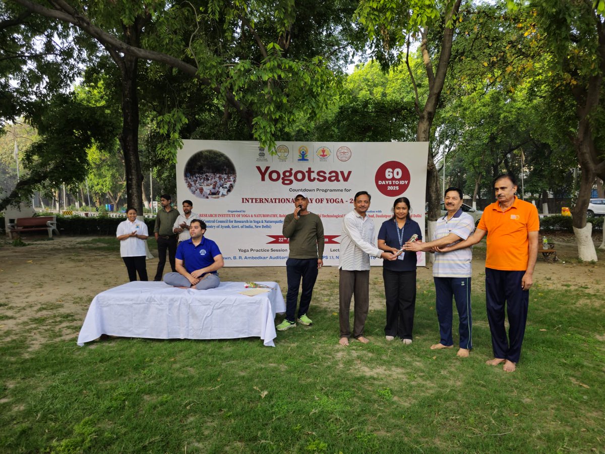 DirectorCcryn's tweet photo. IDY-2025 ,countdown 60th day program  

CRIYN Rohini, New Delhi organised 60th Day countdown on 22nd April 2025 at  Delhi Technological University (DTU), Bawana Road, Rohini, New Delhi.

The Program started with welcome address by Dr. Amit Srivastava (Dean, Outreach Department and Chairmen CPO- DTU).

The programme scheduled as:
Common Yoga Protocol: By Yoga Therapist team of CRIYN Rohini; Ms. Neha, Ms. Vineeta and Demonstrated by Mr. Gaurav.
Brief Introduction of IDY 2025 by Dr. Preethi Bendore and Subhash Dhayal.

The technical session on Management of stress through Yoga was delivered by Dr. Bhavit Bansal. And Refreshment was served for the participants.

The “YOGOTSAV” was successfully organised at the Lawn at the administrative block of Delhi Technological University. The session was  coordinated by the Yoga instructor of DTU Mr. Dinesh. Around 200 Participants participated in Morning Yoga Protocol Session followed by a technical session. The participants were from the faculty, administrative staff of DTU, people from the community and students. Doctors and Yoga therapists of CRIYN , Rohini were felicitated by DTU dignitaries. At the end of the  program the technical session was conducted where participants cleared their doubts by speaking to CRIYN  doctors. It was a successful event DTU is expecting CRIYN, Rohini ( CCRYN) to conduct many such programs in future.

#yogotsav2025 #IDY2025 #yogaforoneearthonehealth #yoga #Naturopathy

@narendramodi @moayush @mdniy @vaidyakotecha @PMOIndia @AmitShah @PIB_India @mpprataprao @ICMRDELHI @MoHFW_INDIA @vaidyakotecha @DELHITECHNOLOG1