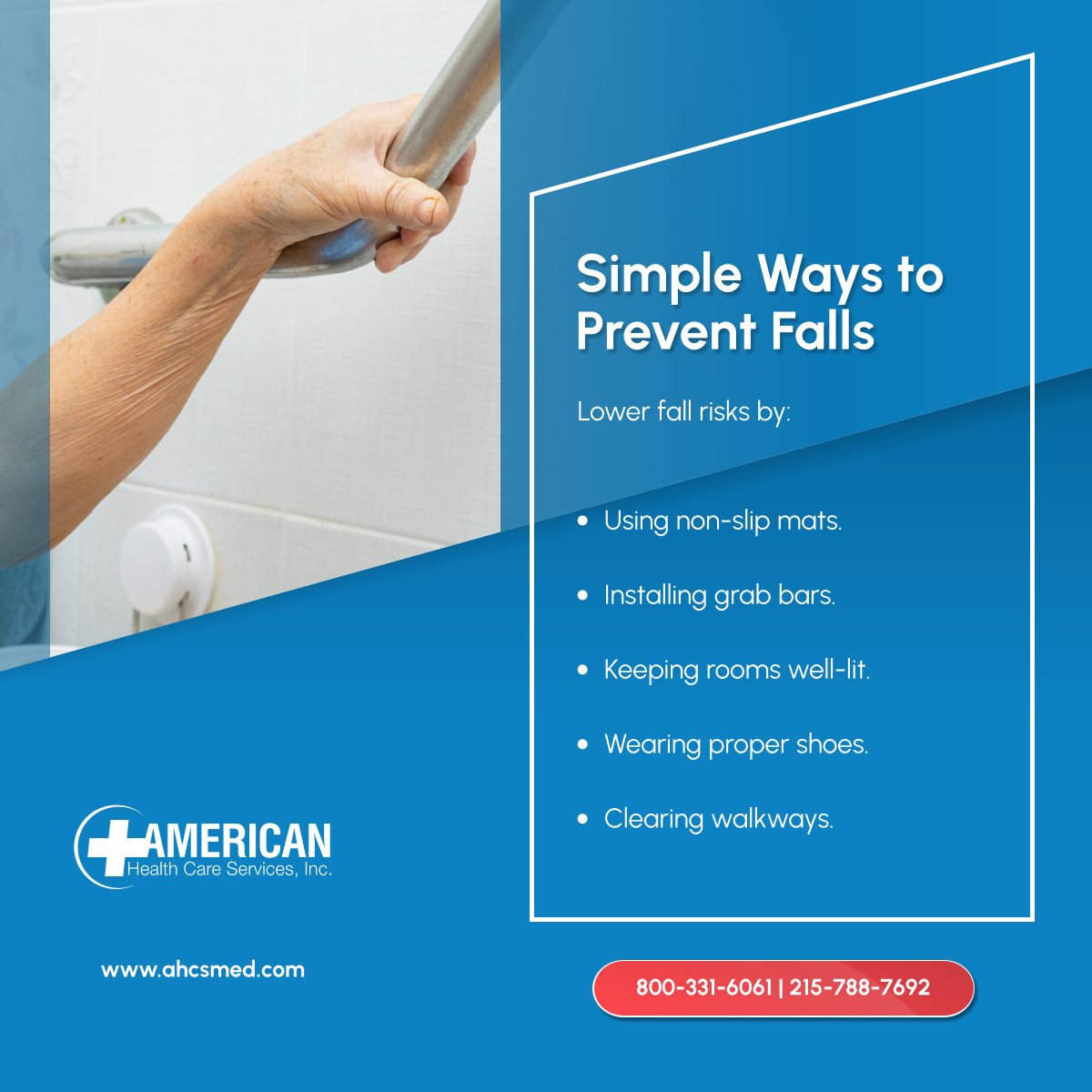 americanhcs's tweet photo. Reduce fall risks with small changes—secure rugs, add grab bars, and keep rooms bright! 

#BensalemPA #MedicalEquipmentAndSupplies #FallPrevention https://t.co/8ABPgKgump