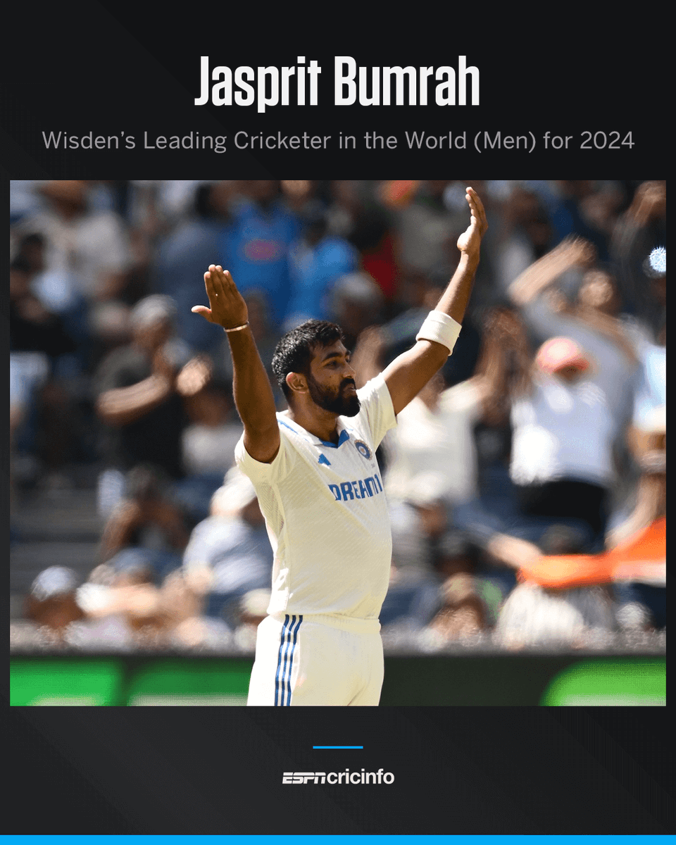cricinfo's tweet photo. "Rarely has a cricketer stood out so overwhelmingly as he did in 2024"

A phenomenal year for Jasprit Bumrah 👏 https://t.co/CsbYd5zgEg https://t.co/8ovsRhPBgT