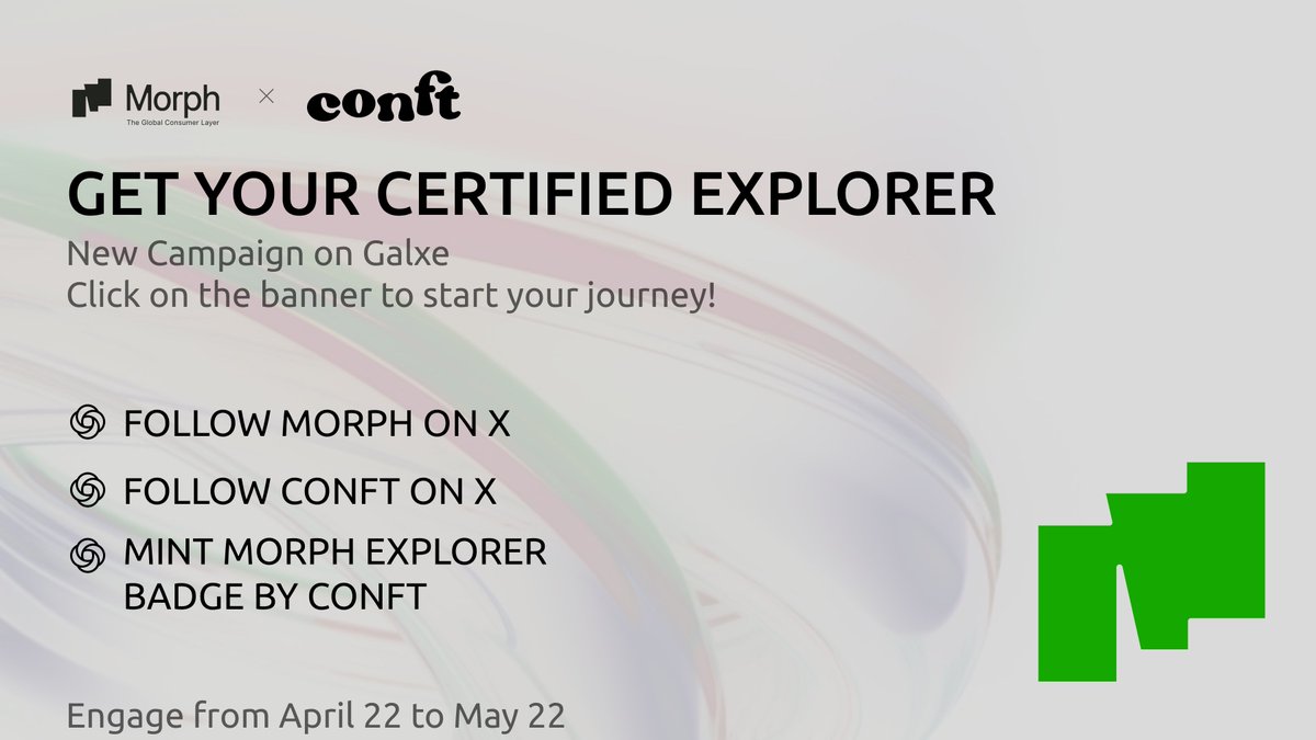 Morph: Welcome to the Zoo by coNFT is live! 🦁🐧
We’re dropping an exclusive Special Quest you won’t want to miss!

Dates: April 22 – May 22
Reward: Mystery Box from CoNFT

Your mission:
✅Follow <a href="/MorphLayer/">Morph</a> on X
✅Follow <a href="/ConftApp/">CoLabs</a> on X
✅Mint “Morph Explorer Badge"

The clock’s