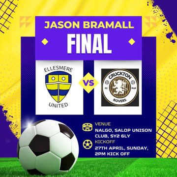 🏆 JASON BRAMALL CUP FINAL 🏆

THIS Sunday, 2pm KO 👇

Nalgo, Salop Unison Club, SY2 6LY 📍

£2 entry per person ⚽️

Come and support the lads as they look to repeat their 2023 success by winning the Jason Bramall for a 2nd time!

UP THE MERE!!! 💛💙