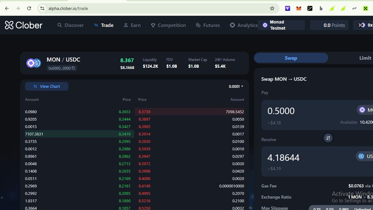 tobathreads's tweet photo. Another day trying our dapps on @monad_xyz . My attention today turns to @CloberDEX . Let's see what this platform has to offer. The UI looks simple and easy to navigate. I tried swapping USDC to MON and the whole process went smoothly without delay. https://t.co/PQ3Dwkdwb5