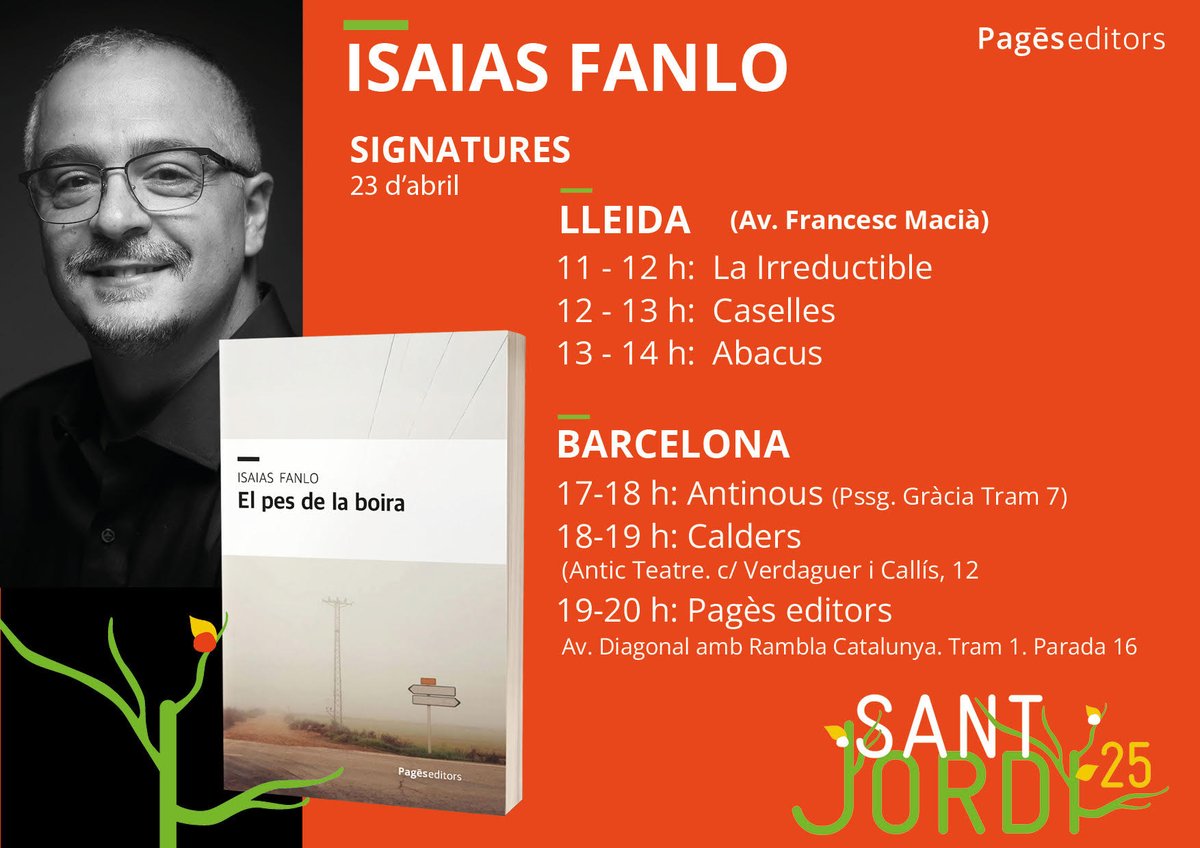 La marató de Sant Jordi és demà! Començo a Lleida, al matí, i també em trobareu signant a Barcelona a la tarda. Si us ve de gust passar a saludar, o que us signi un exemplar (o dos) d'EL PES DE LA BOIRA, em trobareu en aquestes parades!