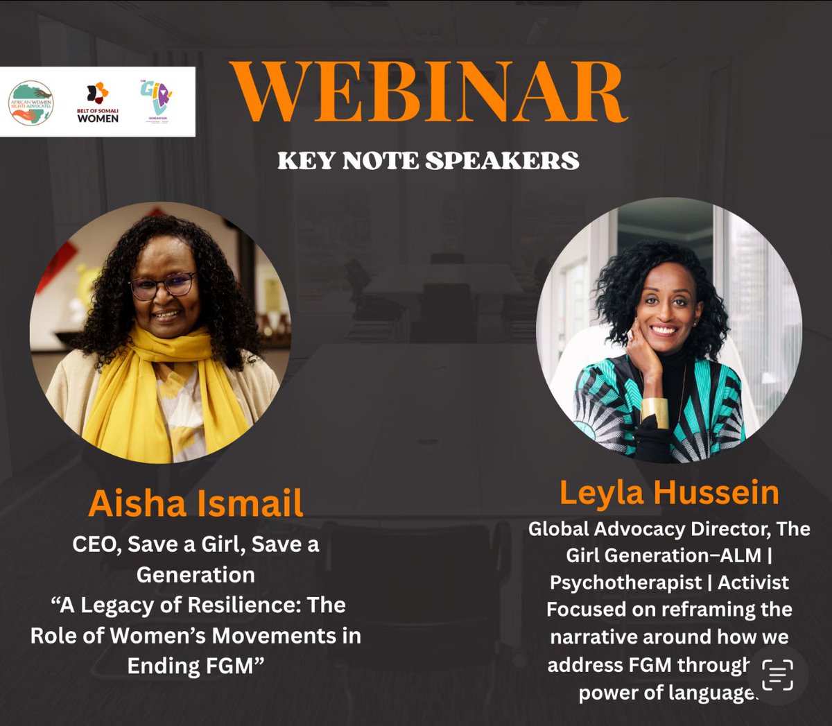 The Girl Generation (@thegirlgen) on Twitter photo TOMORROW: A powerful webinar you donโt want to miss!
Weโre uniting Somali survivors, advocates & movement leaders for a bold cross-border conversation on ending FGMโthrough real stories, grassroots action & survivor-led change.
๐๏ธ Featuring keynote speakers:
๐น <a href="/LeylaHussein/">Dr Leyla Sirad Hussein Gikandi OBE</a> โ TOMORROW: A powerful webinar you donโt want to miss!
Weโre uniting Somali survivors, advocates & movement leaders for a bold cross-border conversation on ending FGMโthrough real stories, grassroots action & survivor-led change.
๐๏ธ Featuring keynote speakers:
๐น <a href="/LeylaHussein/">Dr Leyla Sirad Hussein Gikandi OBE</a> โ