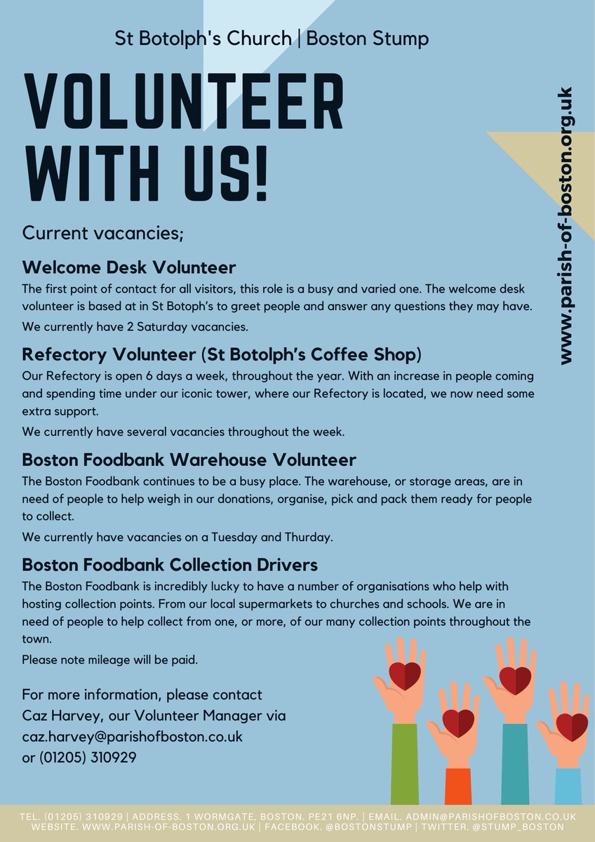 We have an incredible team of dedicated, loyal and trusted volunteers. Without them we would not be able to operate &amp; welcome thousands of people through our doors.

If you feel you can give of your time to help keep The Parish of Boston going, please do get in touch!