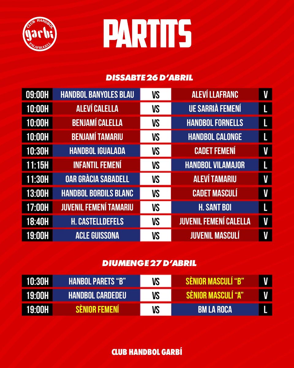 PARTITS DEL CAP DE SETMANA 🤾‍♀️🤾‍♂️

#jnf2
#SíSíSíGarbí
#mésqueunclubunagranfamília