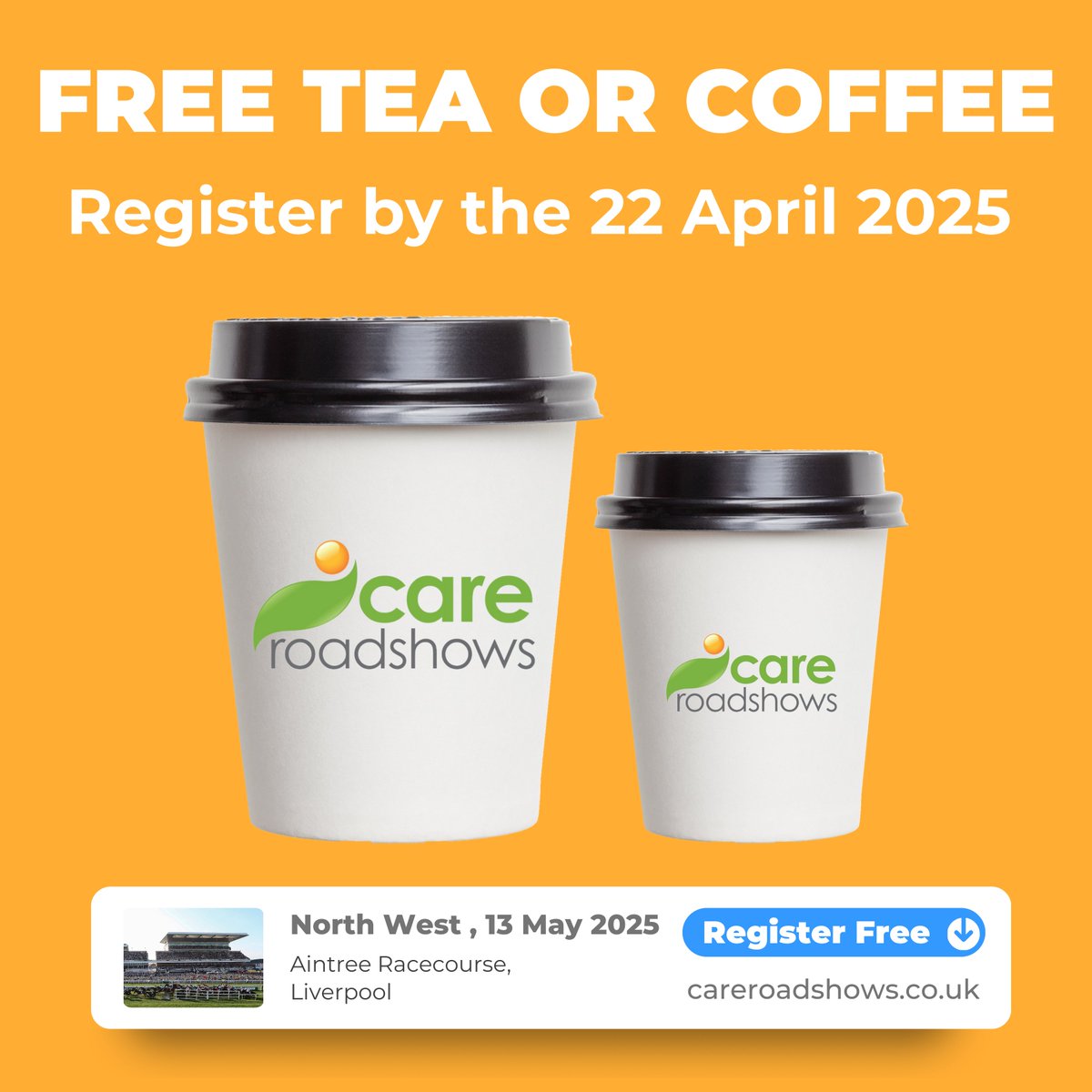 Today is your last chance...

The opportunity to secure your free tea or coffee for #CareRoadshow North West ends today!

If you fancy a free cuppa during your visit, make sure you register today and we’ll send your voucher in the post.

Register here: careroadshows-2025.reg.buzz/twitterx