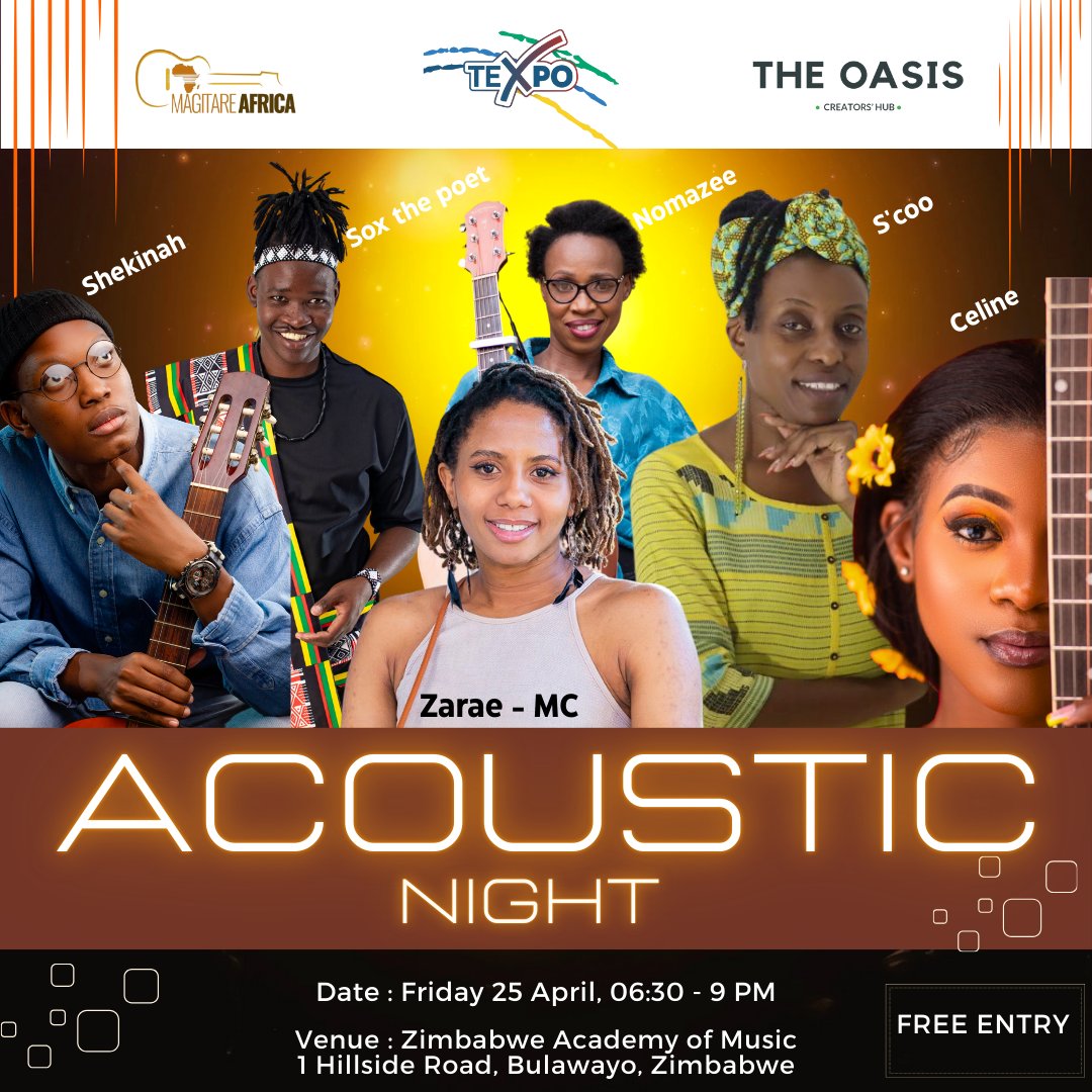 Feel the rhythm, embrace the melody! Acoustic Night this Friday at Zimbabwe Academy of Music, from 6:30-9pm. Come celebrate the power of music with us. Free entry!
+263 78 636 5024
 #AcousticGrooves #ZimbabweanMusic #MusicLovers #FreeShow #BulawayoNightlife