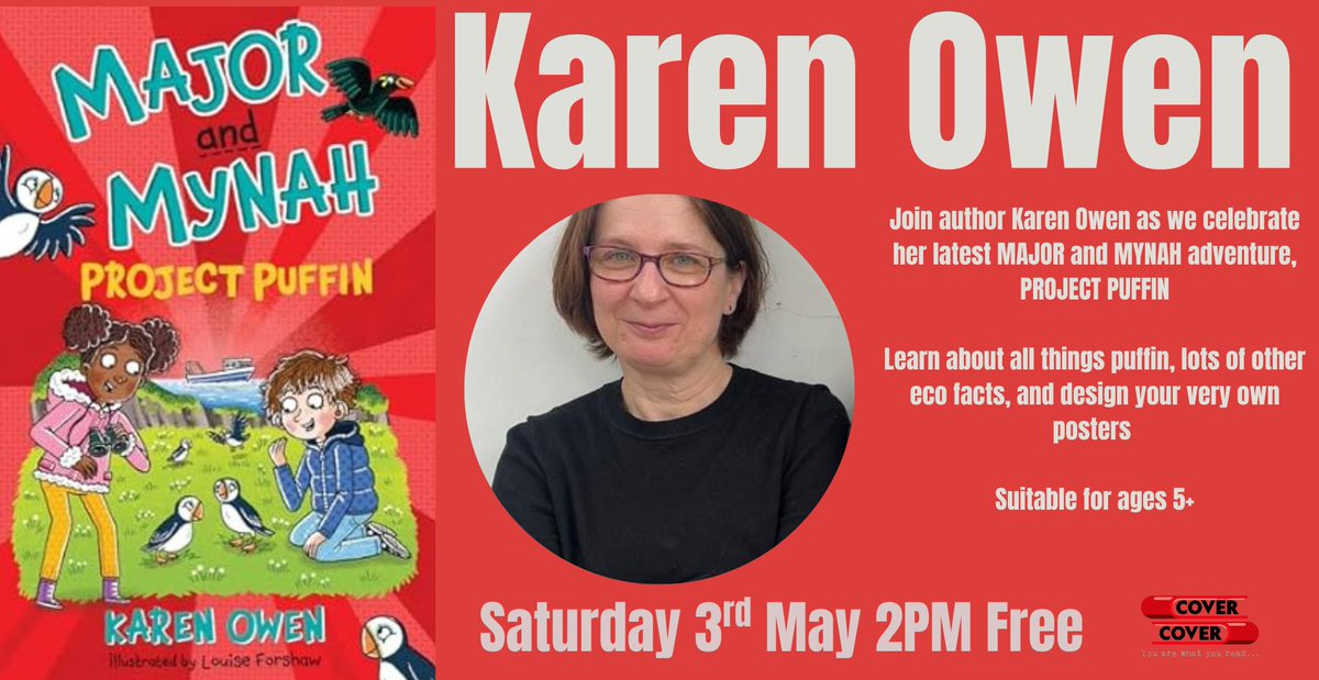 Join author Karen Owen as we celebrate her latest MAJOR and MYNAH adventure, PROJECT PUFFIN
Learn about all things puffin, lots of other eco facts, and design your very own posters
Suitable for ages 5+
£1.00 of every sale goes to to the Wildlife Trust of West and South Wales