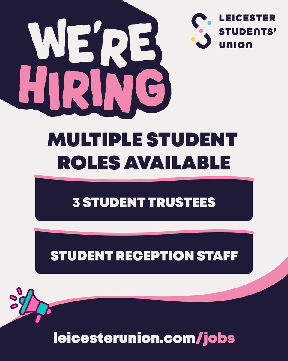 ✨We're hiring!✨
We've got some great student opportunities available!

👉3x Student Trustees
👉Student Reception Staff

For more information about both these roles, and to apply, head to our website at leicesterunion.com/jobs/currentva…